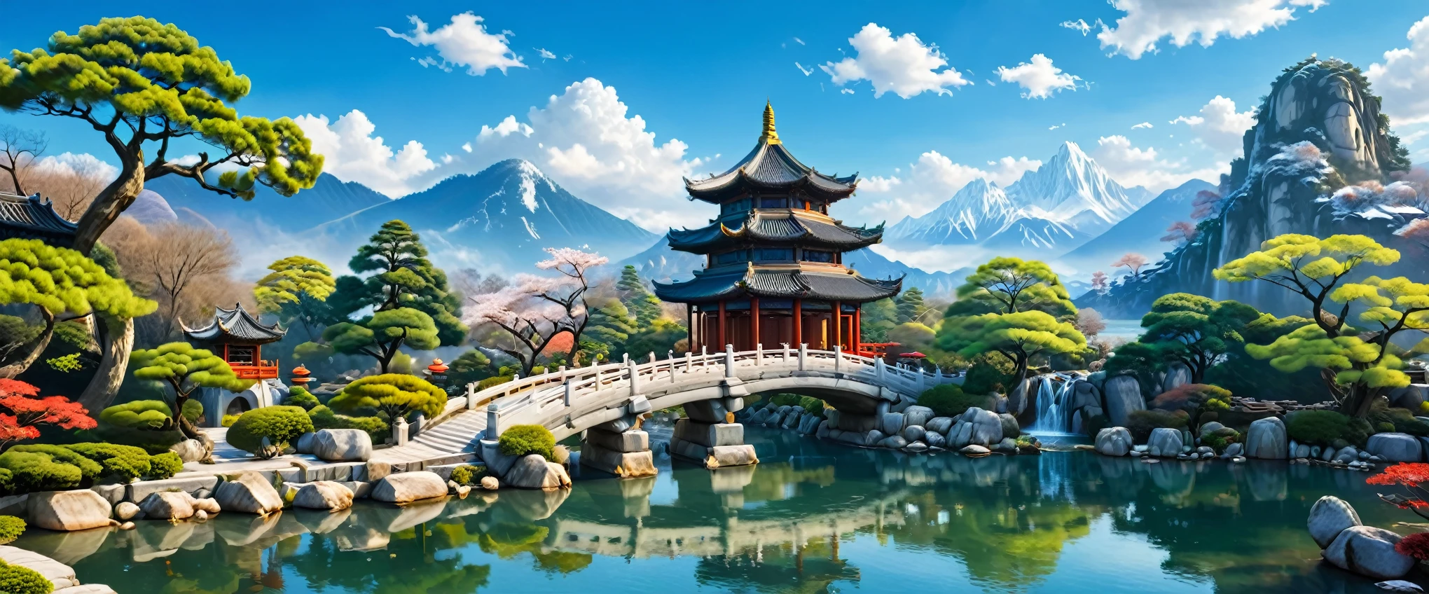classical Chinese garden, landscape, outdoor, sky, daytime, landscape, water, tree, blue sky, waterfall, nature, big stone bridge, big temple, lake, river, sky clouds, snowy mountains, wide landscape, realistic style