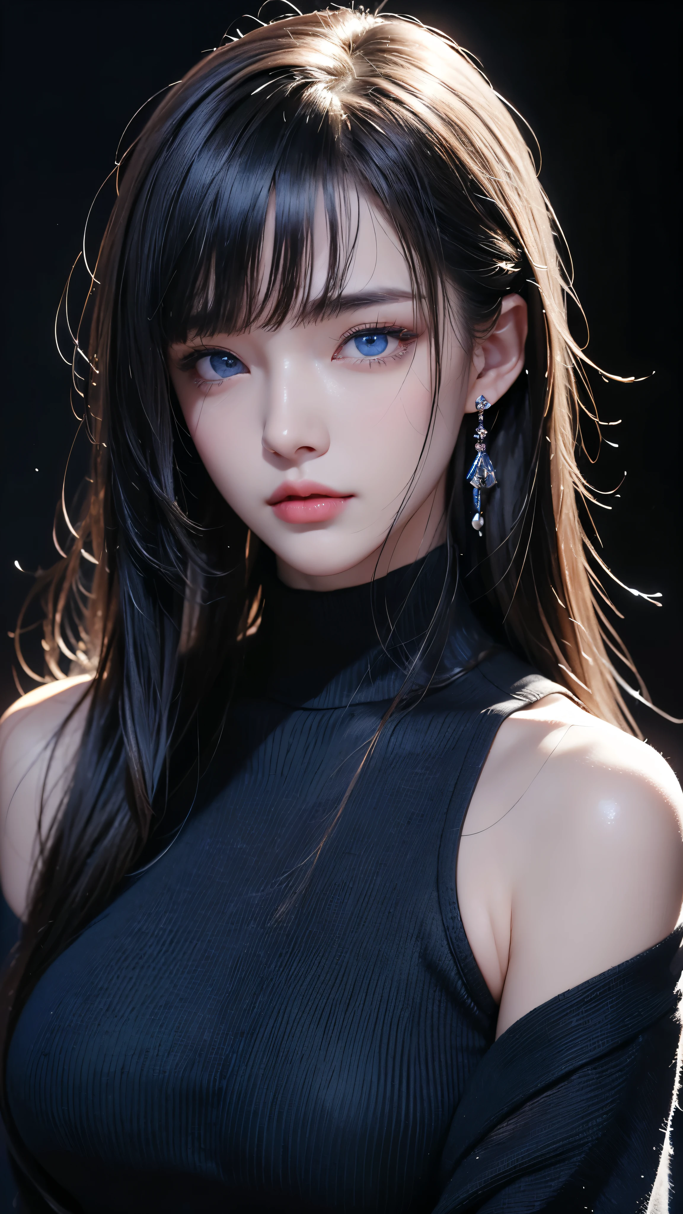 masterpiece, highest quality, Super detailed, Facing the camera, Super detailed, Realistic, Sharp features, Very detailed, Sharp focus, Perfect Face, Perfect Face, Perfect symmetrical perfect eyes, Perfect Plump Lips, Flexible female form, Cinematic, Film Light, Super detailed, hyper Realistic, masterpiece, Atmospheric, High resolution, Vibrant, Dynamic Studio Lighting, ((Dark Background)), The expression when enduring pleasure, Straight bangs, blue eyes,Black sweater, Cowboy Shot,turtleneck、first round、Sexually aroused expression、Accessories on the chest、Clothes with cuts