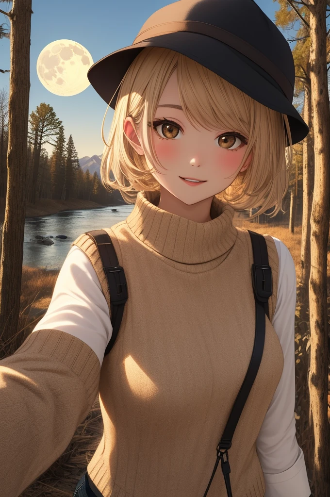 VeronicaCipher ((Upper body selfie, happy)), masterpiece, top quality, ultra detail, solo, outdoors, (night), mountain, nature, (star, moon) cheerful, happy, glove, sweater, hat, flashlight, forest, rock, river, wood, smoke, shadow, contrast, clear sky, analog style (See viewer:1.2) (skin texture) (Film grain: 1.3), (Warm shades, warm tones): 1.2), Close-up, Cinematic Light, Side Light, Ultra High Resolution, Vest Shadow, RAW, Wear Pullover, Kodak Vision 3,