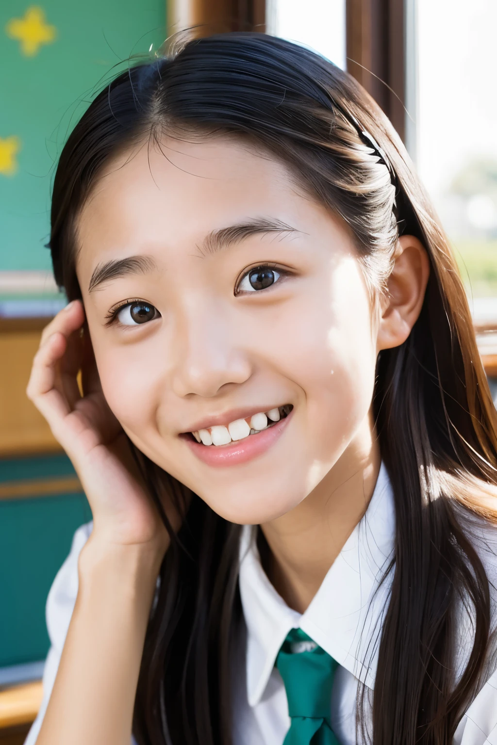 lens: 135mm f1.8, (highest quality),(RAW Photos), (Tabletop:1.1), (Beautiful 13 year old Japanese girl), Cute Face, (Deeply chiseled face:0.7), (freckles:0.4), Speckled sunlight, Dramatic lighting, (uniform), (In the classroom), shy, (Close-up shot:1.2), (smile)