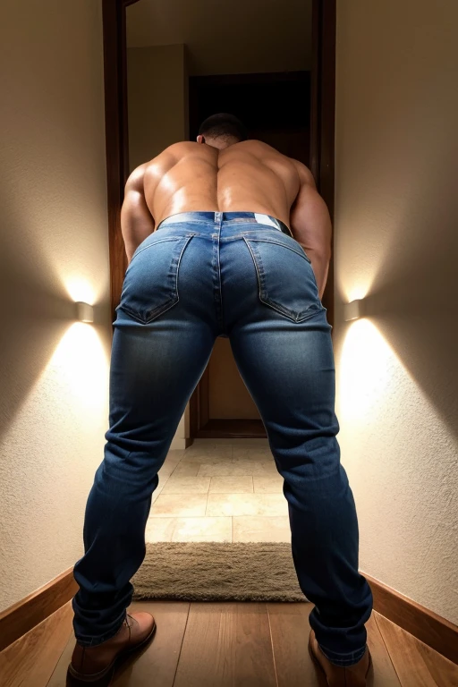 Beautiful  man 30 years old,  muscular body, barba rala, ambiente misterioso com penumbra, mas seu rosto esta iluminado pela fogueira. Jeans ((backside)) bent over 