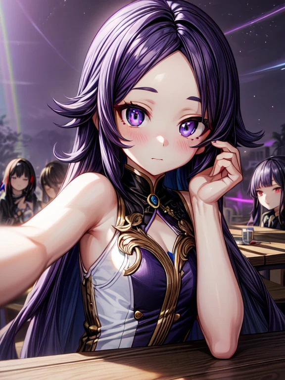 (table:1.3), (Best quality:1.3), a high resolution, Cuba Long, behind, sleep, (one cute girl:1.3), One, White skin, tiny chest, eight headed man, purple hair, (beaver:1.2), Mixed Mesh and Black Hair Dye、long hair,wide forehead、 (blunt bangs:1.2), beautiful hair, Eyes purple, beautiful detailed eyes, ultra detailed eyes、wide forehead、Rainbow aura from the whole body、sparkling eyes、everyday landscapes、Rainbow aura around the eyes、iridescent eyes、Detailed eyes, that will suck you in,blush, heart sign, On open air, purple backdrop, shadow lighting,