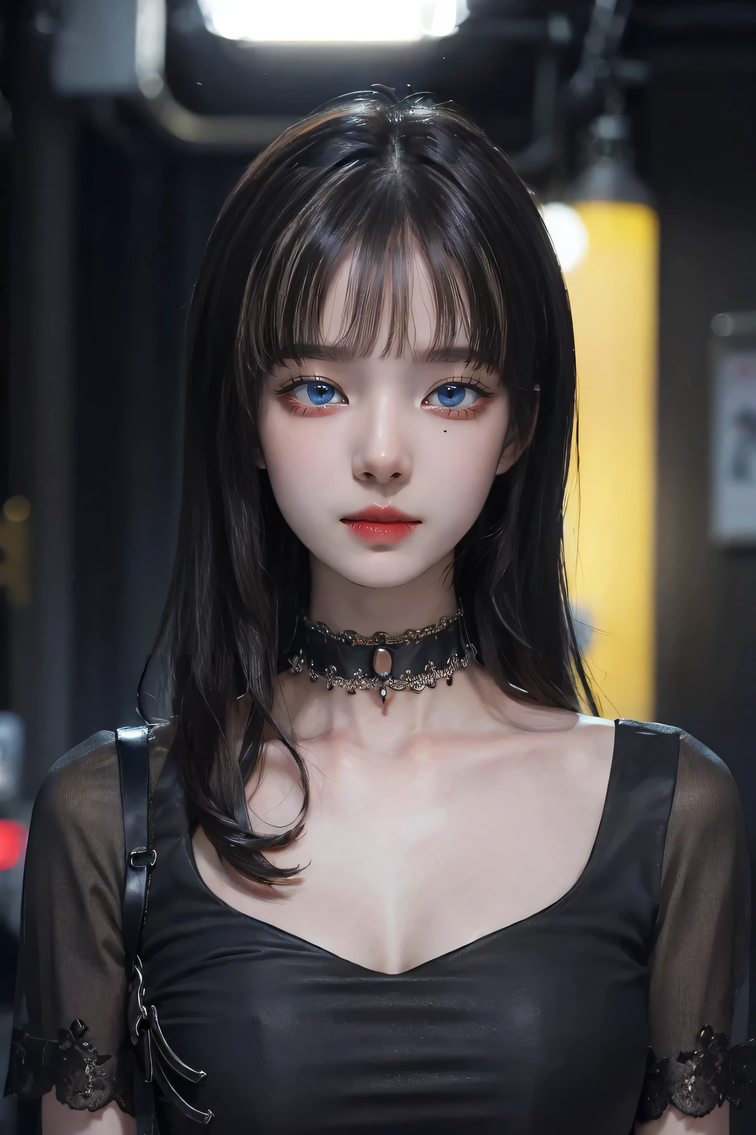 Beautiful girl with realistic black eyes, Pale skin, Long black hair, Perfect Face, Perfect Eyes, ((See-through)),((Deep V-neck tight lace dress)) Very detailed, General Movie, Digital Painting, 8k, Cinema Lighting, highest quality, High resolution, well done!, Post-processing, Perfect results, Surreal,(((Revealing clothing))),Big Breasts,choker
