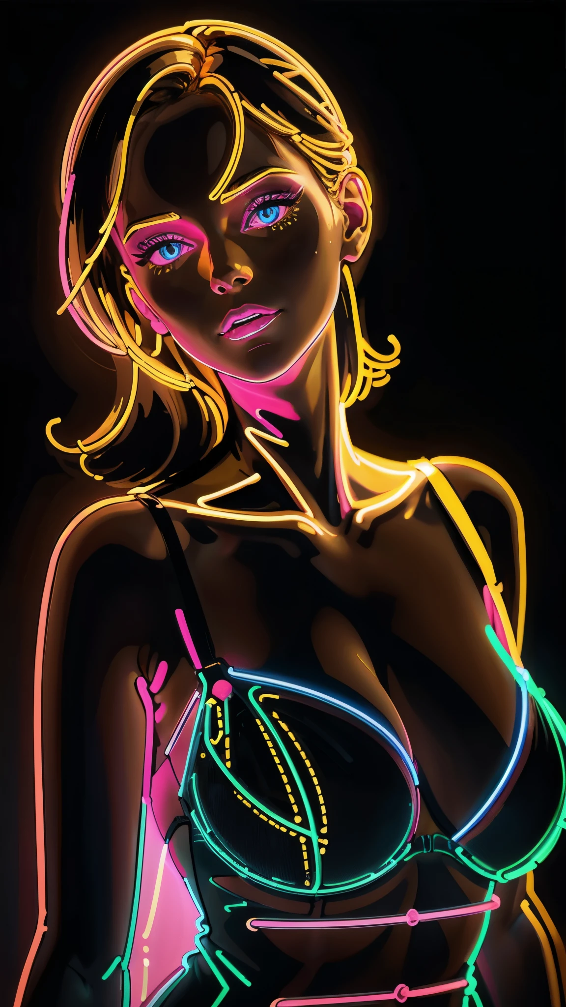 neon_outlines, close up, classy woman in a long evening dress, upscale gala event  