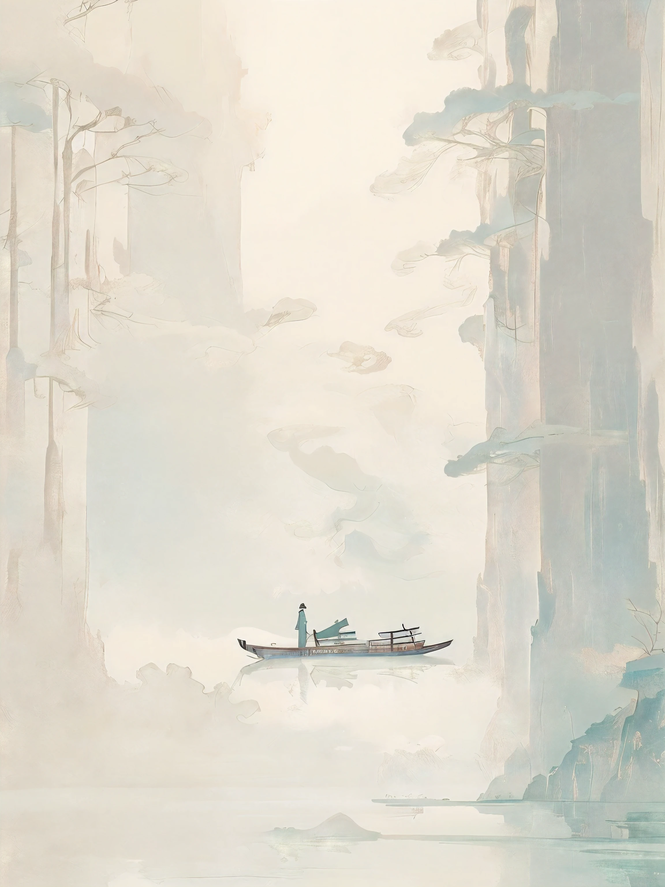 A man stands on a boat in the middle of a lake, Tranquility illustration, Medium shot. Hayao Miyazaki, In the peaceful scenery, Inspired by Yukimura Ohara, Studio Ghibli Fluid Concept Art, Hayao Miyazaki's style, author:Kano's Travels