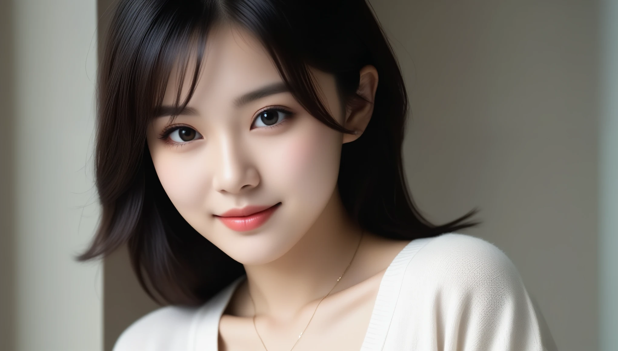 8k, Ultra-high resolution, highest quality, masterpiece, Surreal, photograph, 1 girl, (16 years old:1.3), pretty girl, Cute Face, Beautiful eyes in every detail, 細かくdetailedに,masterpiece,, One Girl:1.2, Japan Female Announcer, One beautiful woman, 16 years old女性, In underwear、Put a cardigan over your shoulders、 A refreshing smile、Beautiful teeth alignment、Dark eyeliner、Necklace around the neck,Wear a cardigan with the sleeves open,Shortcuts,Black Hair,Bold Pose,Looking at the audience、beauty,Long neck、Laugh a little、Please close your mouth and laugh、(((Ideal body type))),A cup small breasts :2,、Portraiture:2、Perfect Anatomy、鮮明なdetailed、detailed、Surreal、Light and shadow,Strong light,Fashion magazine cover,Thin lips