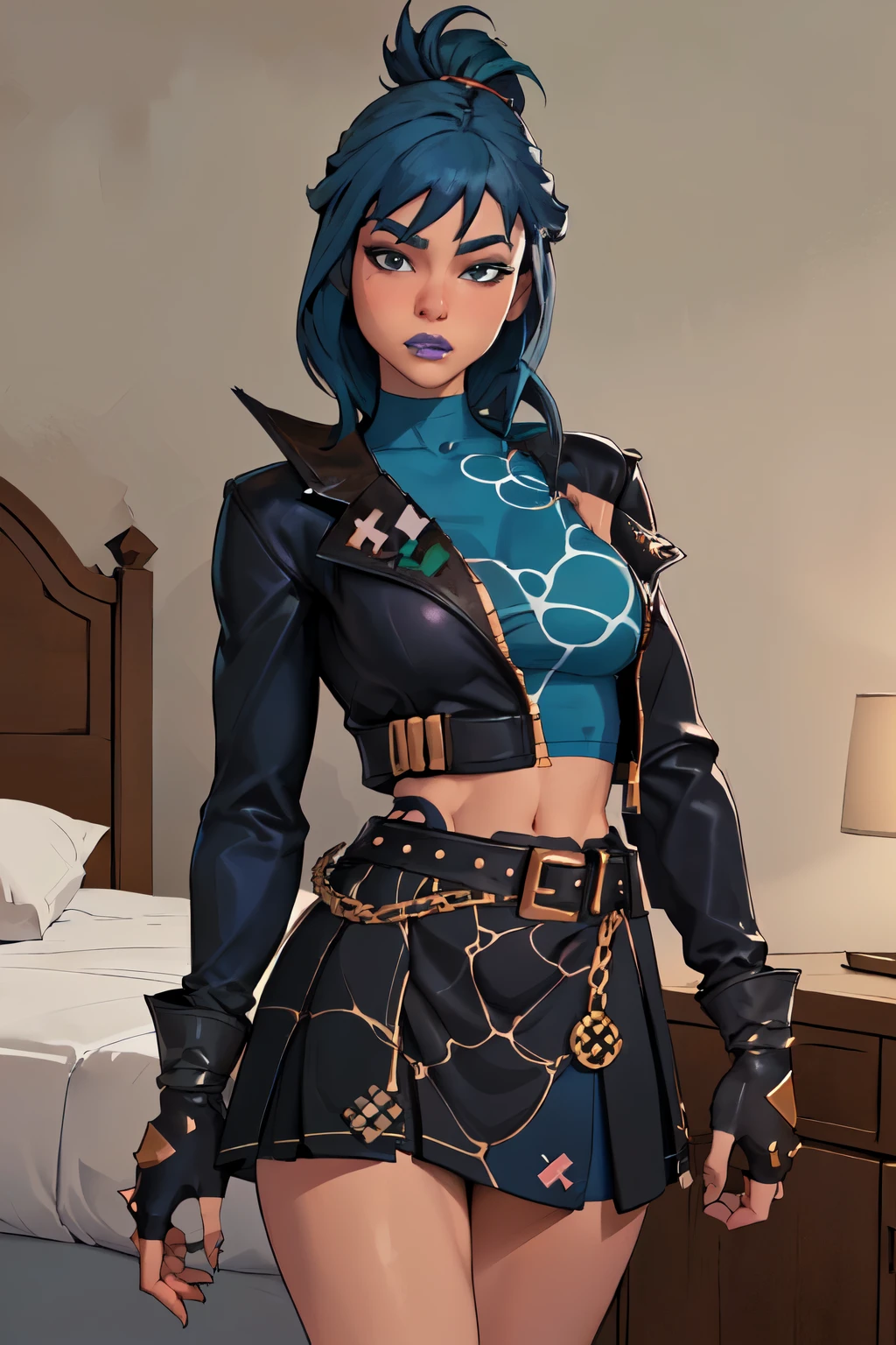 (masterpiece,best quality,absurdres,beautiful,sharp,detailed),bedroom background,1girl,hopefn,blue lips, navel, blue hair, jacket, skirt, belt, fingerless gloves, looking at viewer,