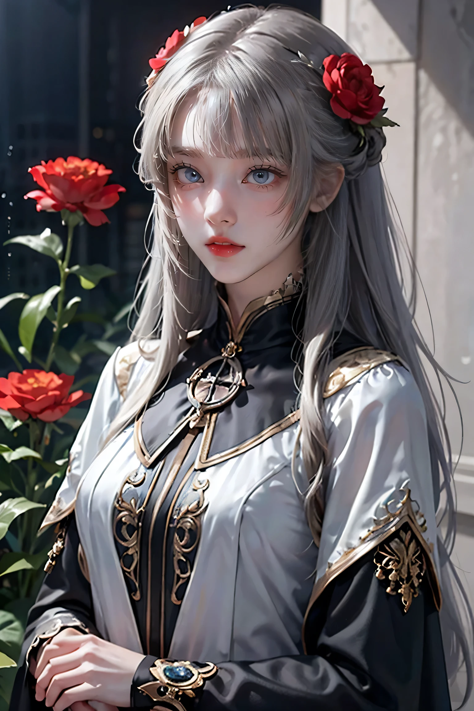 One girl,alone,One girl,alone,((Beautiful fine details)), (Detailed light),Depth of written boundary,(Gray Hair),Silver Eyes,Hair on one eye,(Red flower ), Hair Flowers,Long Hair,Black Cape,Wet,emotionless,Recall,night,Starfall,it's raining,