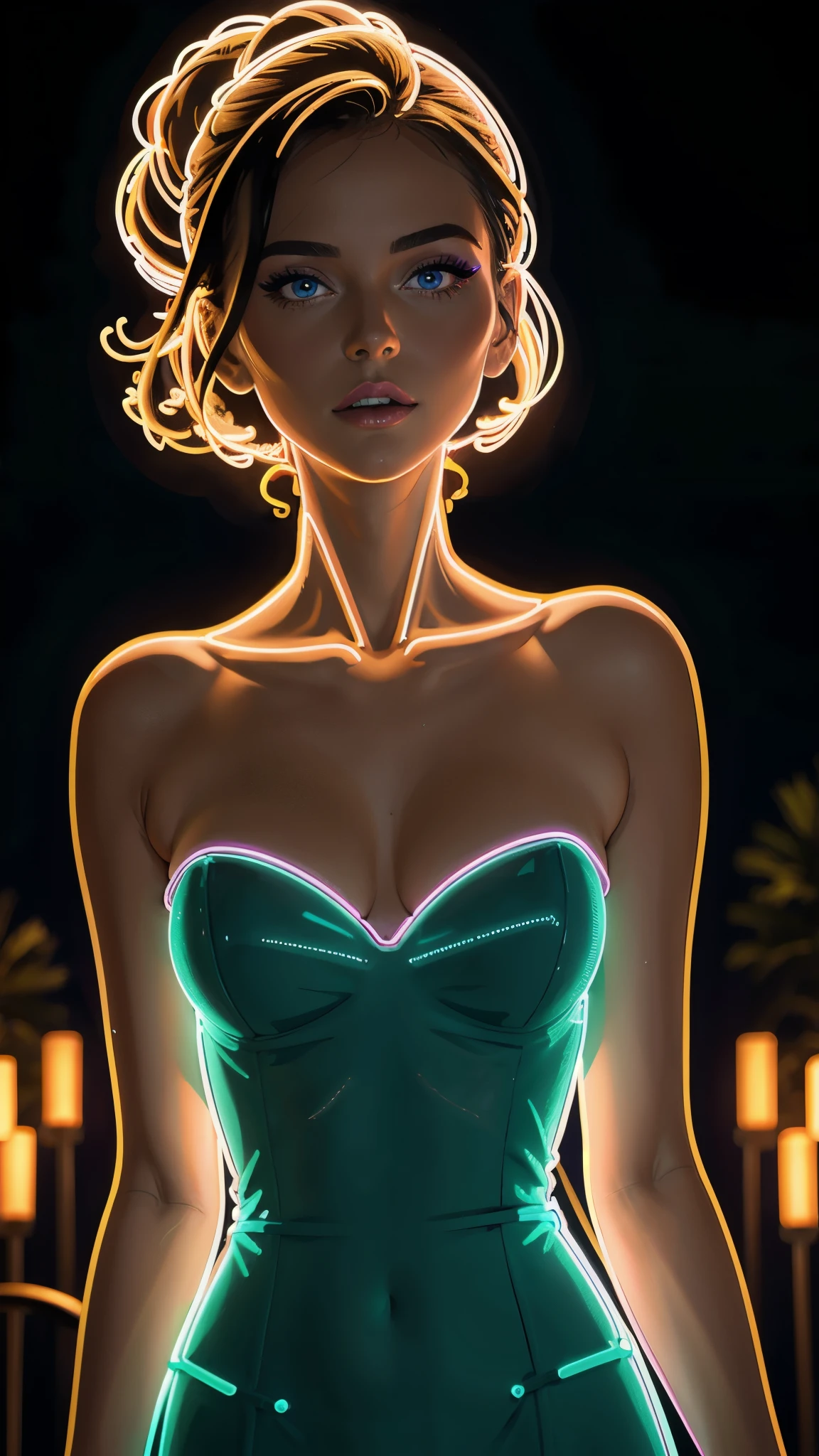 neon_outlines, close up, classy woman in a long evening dress, upscale gala event  