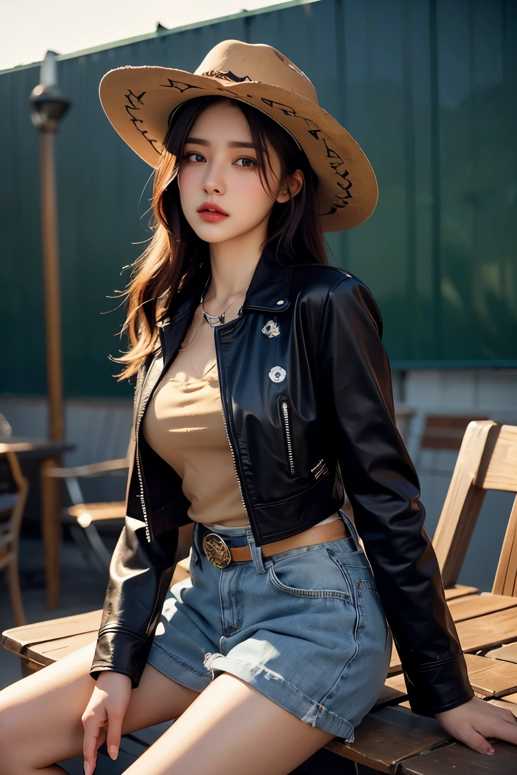 4K HLTRA HD, Masterpiece, best quality, female, nice face, detailed eyes, detailed lips, long hair, straight hair, wearing a cowboy costume, green leather jacket, green clothes, cowboy hat, blurred background, morning, seat, full body capture,