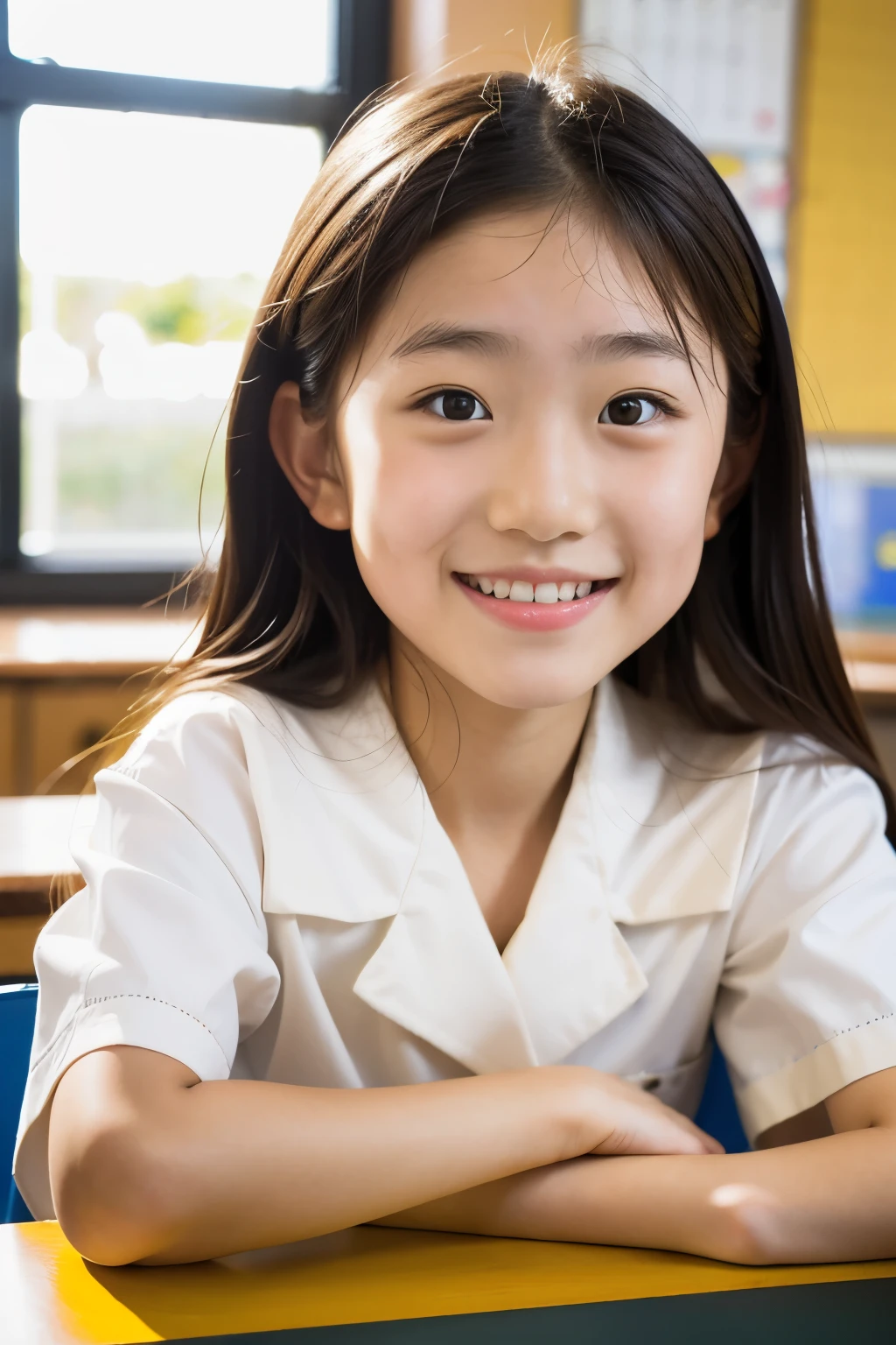 lens: 135mm f1.8, (highest quality),(RAW Photos), (Tabletop:1.1), (Beautiful 13 year old Japanese girl), Cute Face, (Deeply chiseled face:0.7), (freckles:0.4), Speckled sunlight, Dramatic lighting, (uniform), (In the classroom), shy, (Close-up shot:1.2), (smile)