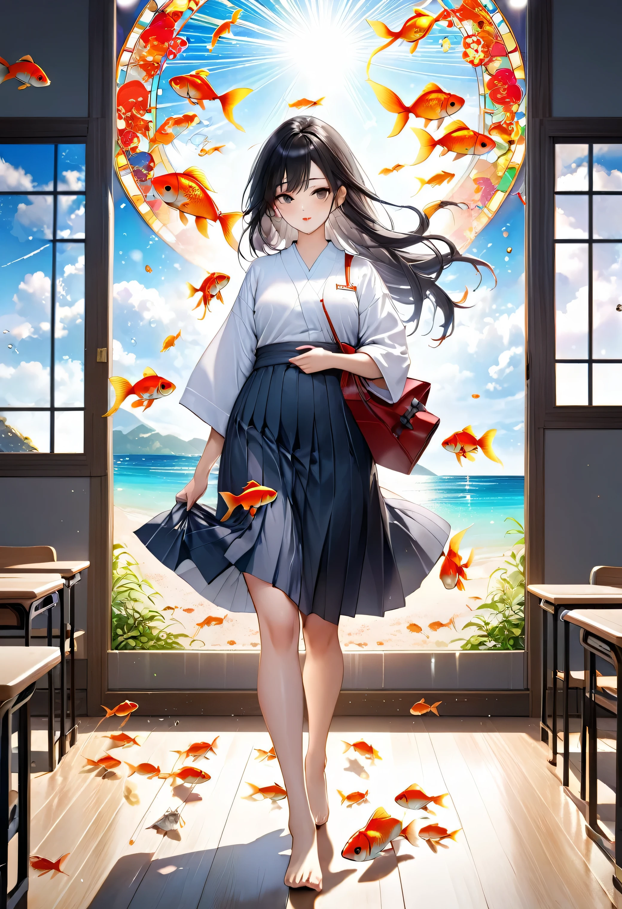 Incredibly absurd, (She is walking along the beach wearing a goldfish patterned yukata..:1.3), White skin, Stained Glass Background, Absurd, High resolution, Very detailedな, Very detailed, 32k, 8K resolution, Intricate details, Movie Scenes, Detailed Background, alone, Dynamic Angle, alone, Hair blowing in the wind, (logo, masterpiece, 8k, Tabletop, RAW Photos, wonderful, 最high quality, Photorealistic and hVery detailed CG integrated 8k wallpaper, high quality, Very detailed, Narrative poem, Particle Effects, Dynamic Effects, Written boundary depth, Cinematic Light, Lens flare, Ray Tracing, Anatomically correct)), Fantasy, 1. Beautiful Women, (Realistic, Photorealistic:1.3), (8k, RAW Photos, 最high quality, masterpiece:1.2), a person standing, in a classroom, 1girl, skirt, phone, shirt, black hair, holding, white shirt, holding phone, long hair, cellphone, pleated skirt, feet out of frame