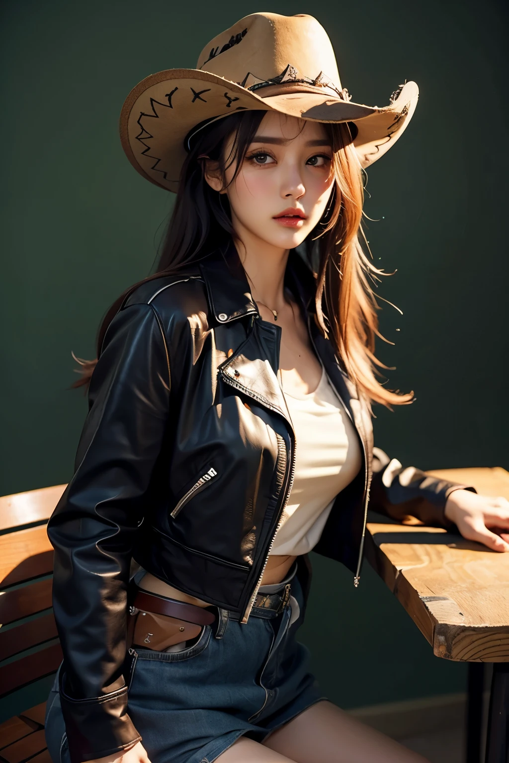 4K HLTRA HD, Masterpiece, best quality, female, nice face, detailed eyes, detailed lips, long hair, straight hair, wearing a cowboy costume, green leather jacket, green clothes, cowboy hat, blurred background, morning, seat, full body capture,