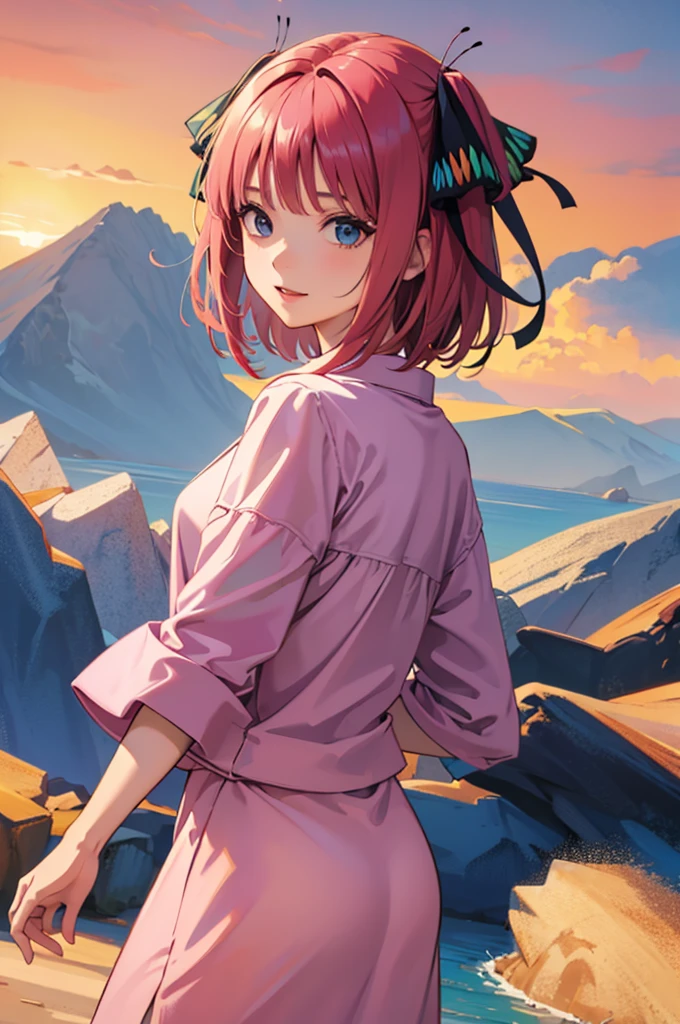 nino nakano, short hair, bangs, blue eyes, hair ornament, hair ribbon, pink hair, blunt bangs, two side up, butterfly hair ornament,, seios grandes, sorriso leve, Melhor Anime 4K Konachan Wallpaper, Estilo anime 4K, Arte Oficial, arte anime de alta qualidade, 4k anime wallpapers ((obra-prima)), cidade, horizonte bonito, por do sol, vento nos cabelos