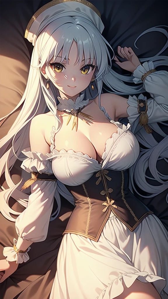 masterpiece, best quality, 1 solo girl, silver hair, yellow eyes, long hair, medium breasts, sexy body and face, wavy hair, smile, early 1800s modest dress with silk or cotton, bonnets, corsets with aristocrat status, shawls, white gloves, high necklines, long sleeves, and a fitted bodice with a full skirt, under tied the chin, with ribbons, pendant, bracelet, jewelry, earrings, feather hair ornament, book, lying at the bed, night, sexy pose, cowboy shots, detailed body, face, and eyes, sharp focus, vibrant, creative, dynamic, high definition, high resolution, 8k, (Upscale: R-ESRGAN 4x+ Anime6mage enchance:4x), voluptuous body, cinema lightning, dakimakura style, looking at the viewer, 