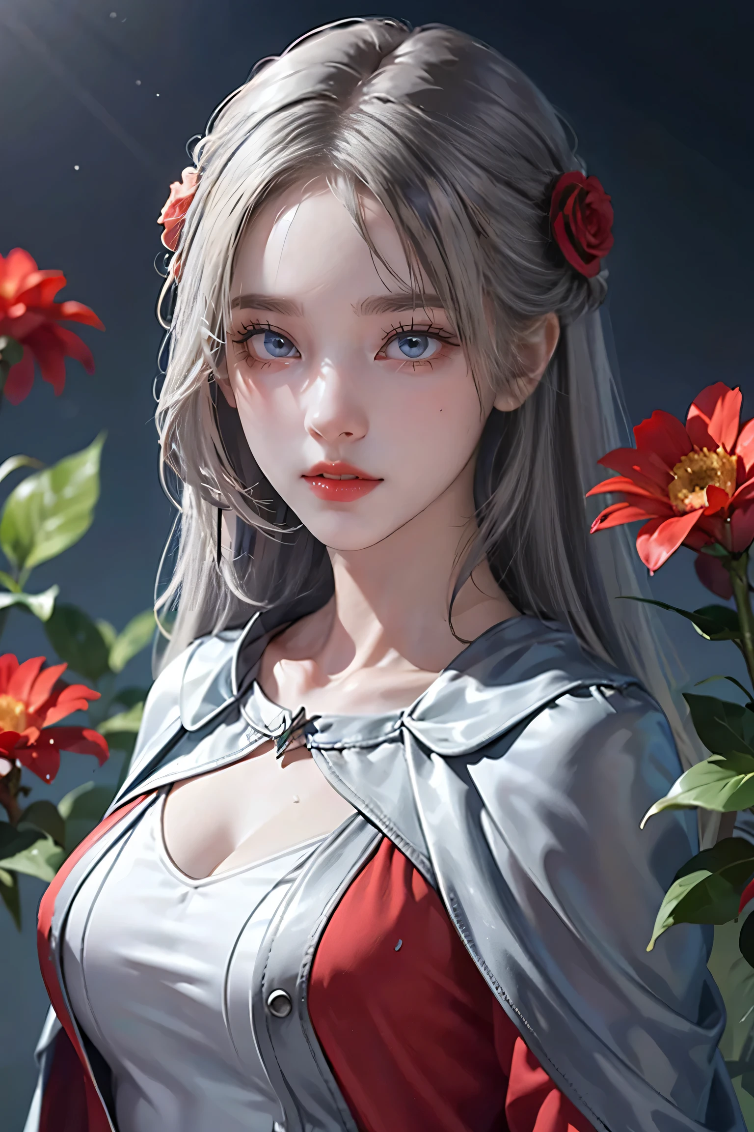 One girl,alone,One girl,alone,((Beautiful fine details)), (Detailed light),Depth of written boundary,(Gray Hair),Silver Eyes,Hair on one eye,(Red flower ), Hair Flowers,Long Hair,Black Cape,Wet,emotionless,Recall,night,Starfall,it's raining,