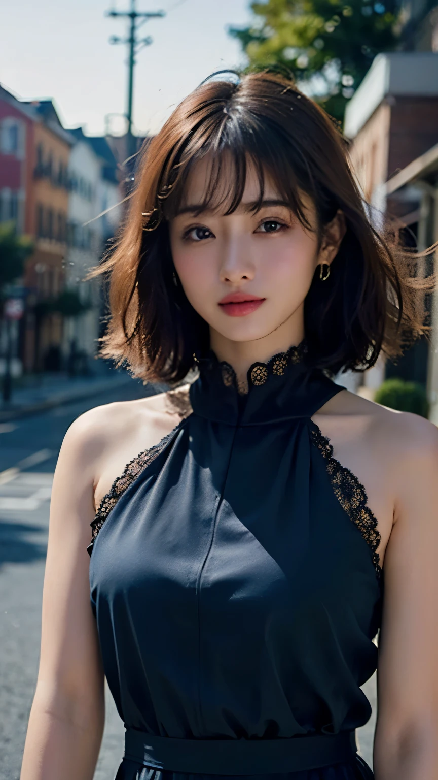 a woman posing on the street corner with light オレンジ色のドレス on, highest quality, High resolution, 8k, 1peopleの女の子, (Neat bangs:1.5), Day, bright, Outdoor, (street:0.8), (people々, crowd:1), (lace trim dress:1.5, brightホワイトの服:1.5, white high neck dress:1.5, Sleeveless dress), nice, (Medium Hair), Beautifully detailed skies, Beautiful earrings, (Dynamic pose:0.8), (Upper Body:1.2), Soft lighting, Wind, Shiny skin, View Viewer, ((Firm and well-shaped chest)), ((Both arms are behind the head)),