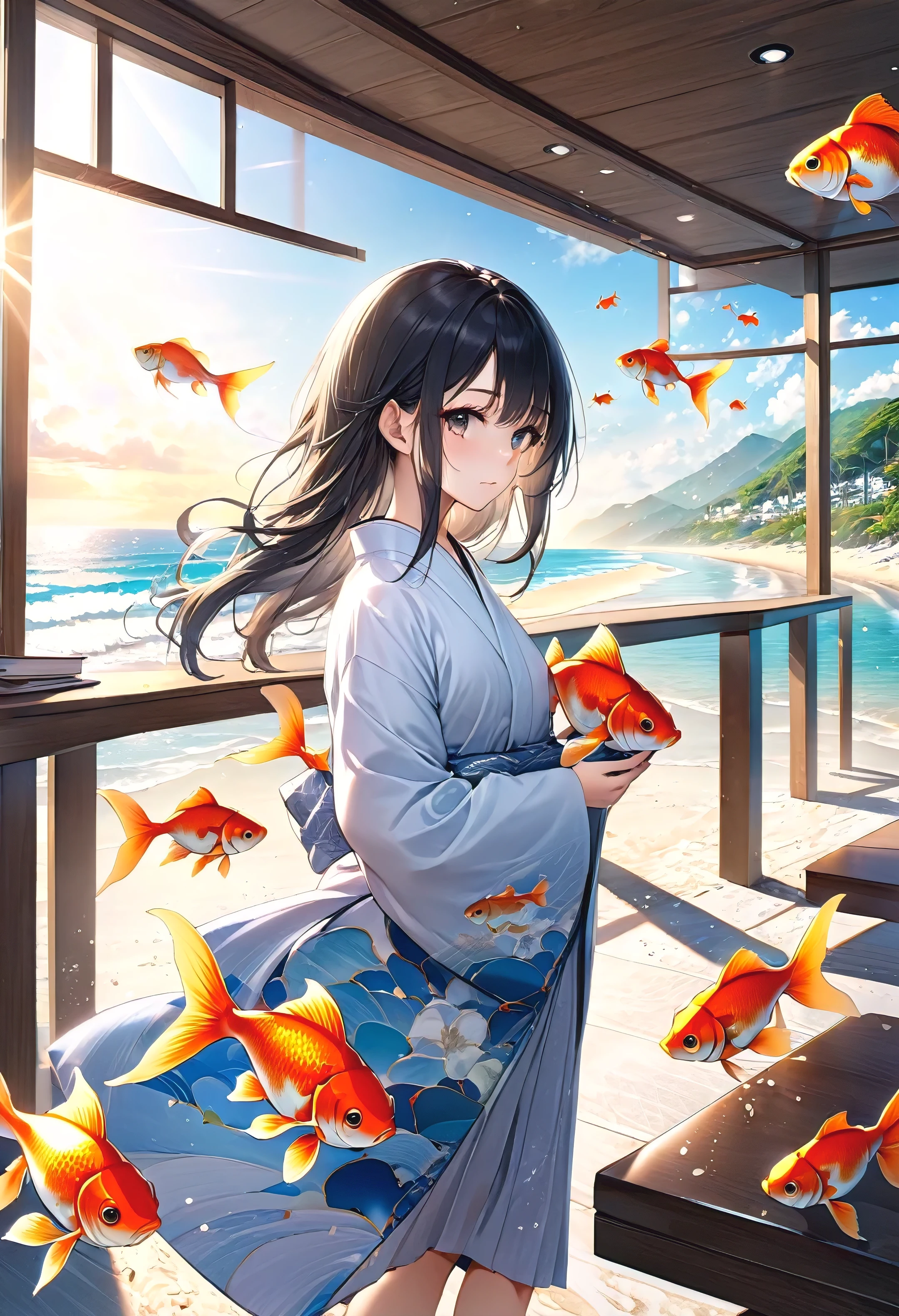 Incredibly absurd, (She is walking along the beach wearing a goldfish patterned yukata..:1.3), White skin, Stained Glass Background, Absurd, High resolution, Very detailedな, Very detailed, 32k, 8K resolution, Intricate details, Movie Scenes, Detailed Background, alone, Dynamic Angle, alone, Hair blowing in the wind, (logo, masterpiece, 8k, Tabletop, RAW Photos, wonderful, 最high quality, Photorealistic and hVery detailed CG integrated 8k wallpaper, high quality, Very detailed, Narrative poem, Particle Effects, Dynamic Effects, Written boundary depth, Cinematic Light, Lens flare, Ray Tracing, Anatomically correct)), Fantasy, 1. Beautiful Women, (Realistic, Photorealistic:1.3), (8k, RAW Photos, 最high quality, masterpiece:1.2), a person standing, in a classroom, 1girl, skirt, phone, shirt, black hair, holding, white shirt, holding phone, long hair, cellphone, pleated skirt, feet out of frame