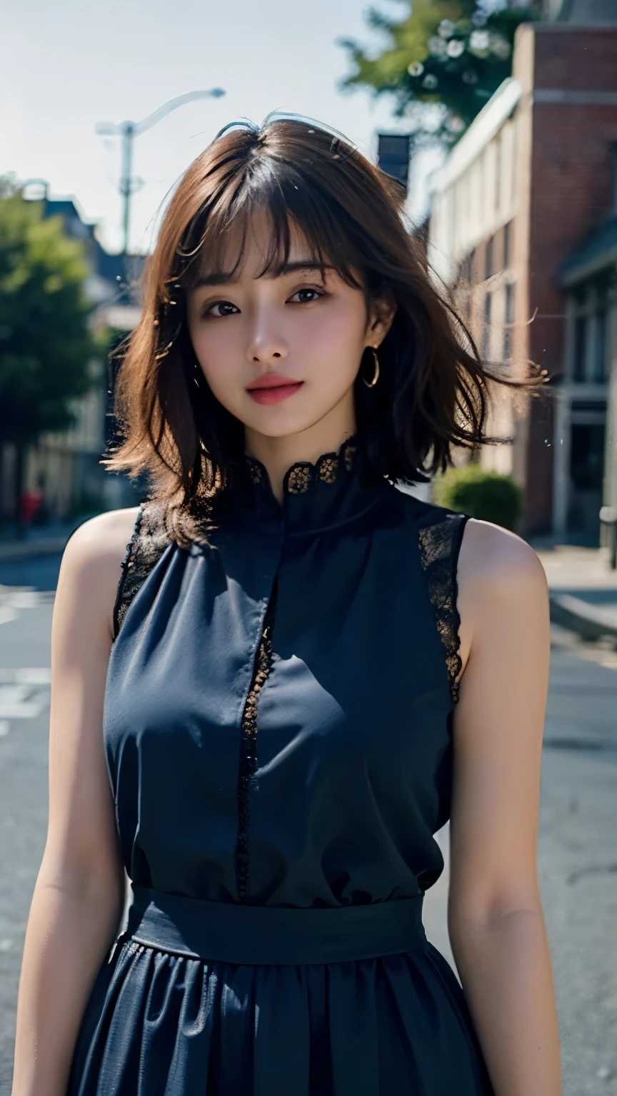 a woman posing on the street corner with light オレンジ色のドレス on, highest quality, High resolution, 8k, 1people girl, (Neat bangs:1.5), Day, bright, Outdoor, (street:0.8), (people々, crowd:1), (lace trim dress:1.5, brightWhite clothes:1.5, Black high neck dress:1.5, Sleeveless dress), nice, (Medium Hair), Beautifully detailed skies, Beautiful earrings, (Dynamic pose:0.8), (Upper Body:1.2), Soft lighting, Wind, Shiny skin, View Viewer, ((Firm and well-shaped chest))