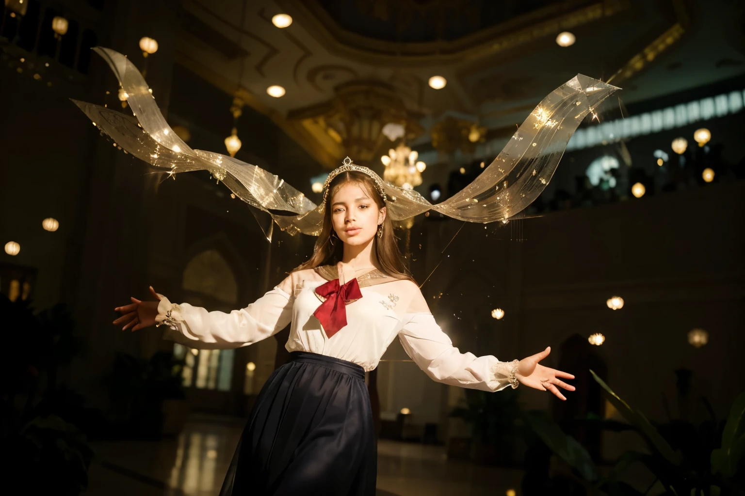 (Best quality, 8k, 32k, Masterpiece, UHD:1.2) "Imagine the stunning and ethereal Crystal Palace from the world of Sailor Moon. Describe an awe-inspiring palace made entirely of crystal, towering majestically in the center of Crystal Tokyo. The palace glows with a radiant, otherworldly light, reflecting and refracting the colors of the rainbow through its transparent walls and spires.
The architecture is a blend of futuristic design and regal elegance, with tall, slender towers that reach towards the sky and intricate detailing that glistens like diamonds. The main hall of the palace is a vast, open space with high ceilings and grand chandeliers made of crystal that cast shimmering light across the room. The floors are smooth and mirror-like, creating a sense of endless space and light.
Surrounding the palace are lush gardens filled with vibrant, otherworldly flora that bloom in the presence of the palace's magic. Fountains of crystal-clear water create soothing sounds, and pathways made of crystalline stones lead visitors through the gardens to the palace entrance.
Inside the palace, rooms are adorned with delicate crystal furnishings and soft, glowing light that creates a serene and peaceful atmosphere. The throne room, where Neo-Queen Serenity and King Endymion preside, is the heart of the palace, featuring a grand throne made of the purest crystal and surrounded by shimmering curtains and elegant décor.
Describe the daily life within the Crystal Palace, the activities of its royal inhabitants, and the interactions between the Sailor Guardians as they protect and govern Crystal Tokyo. Highlight the sense of peace, beauty, and magic that permeates the palace, making it a symbol of hope and prosperity in the Sailor Moon universe."