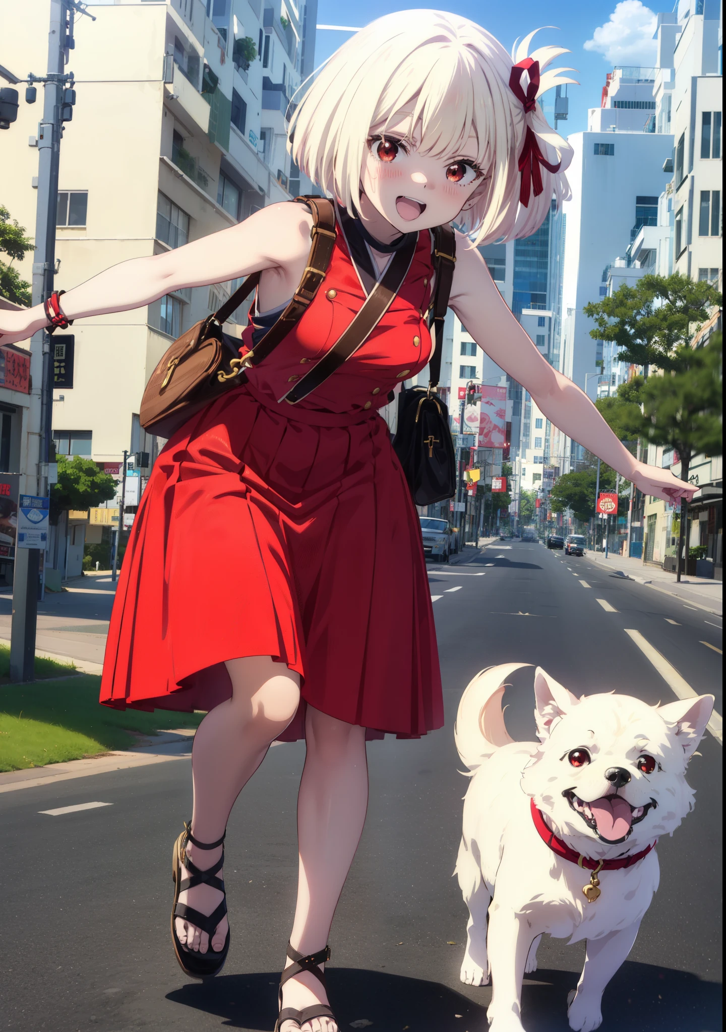 chisatonishikigi, Chisato Nishikigi, short hair, bangs, blonde, (Red eyes:1.5), Hair Ribbon, One side up, Bobcut,happy smile, smile, Open your mouth,drooping dog ears,Dog's tail,
Open your mouth, Red sleeveless dress,Bare arms,Red long skirt,Cute Sandals,whole bodyがイラストに入るように,Daytime,sunny, walk,break looking at viewer,whole body, break outdoors, In town,Coastal Road, break (masterpiece:1.2), highest quality, High resolution, unity 8k wallpaper, (figure:0.8), (beautiful deしっぽed eyes:1.6), extremely deしっぽed face, Perfect lighting, extremely deしっぽed CG, (Perfect hands, Perfect Anatomy),