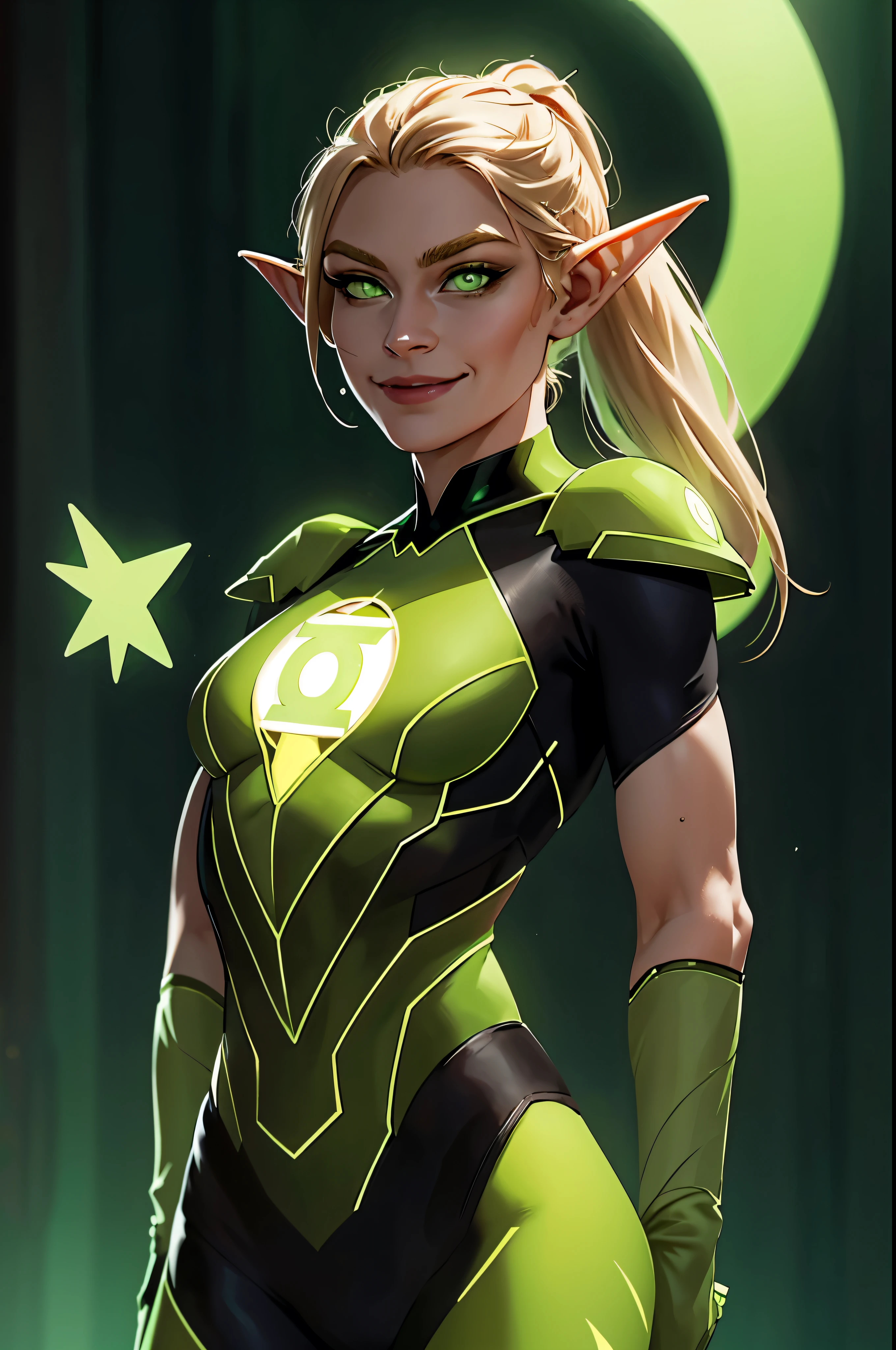 woman, long ponytail blonde hair, green eyes, pointy elven ears, smiling, full bodysuit, wearing a green ring, light background, small breasts, sexy, feminine, masterpiece, crossed arms, beautiful detailed eyes, detailed face, looking at viewer, glowing, dark background, half body portrait, green lantern, quarter view, green aura, detailed hands, shoulder armor, glowing chest