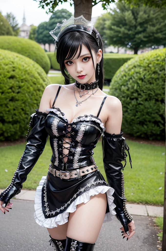 sexy stylish female model, only 1 female, ((doll-like appearance)), long dramatic stylish hair, ((shiny Punk-Style boots)), (big smile), ultra detailed eyes, Punk makeup, lipgloss, ((sexy Punk ta cosplay)), unconventional skirt, petticoats, high neckline, ((ultra detailed lace)), ((ultra detailed embroidery)), intricate details, tartan patterns, safety pins, Punk Loliccessoires, Punk Lolita cr, ((large sparkling Punk Lolita jewel, cinematic light, detailed large park background with trees 