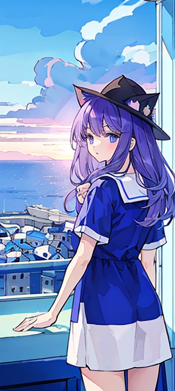 Blue T-shirt、Wearing a white hat、((Cat))、Seaside town、cute、look back、In 8K、Large file size、When watching the audience、 Overlooking the cityscape、Midnight,detailed、Long Hair,pastel colour、Purple Hair