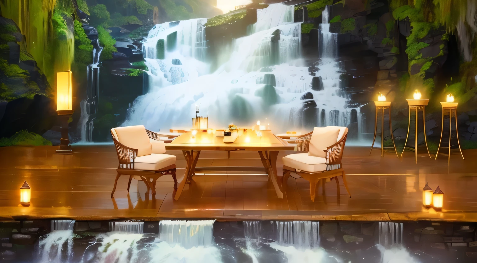 A table with two chairs and、There is a table with a candle on it, waterfalls in the background, waterfall background, waterfall in the background, Cozy cafe background, waterfall backdrop, waterfall in background, with waterfalls, with waterfalls and river, next to a waterfall, with a waterfalls, (waterfall), waterfall, Random background scenes, Afternoon Gathering, Relaxing environment