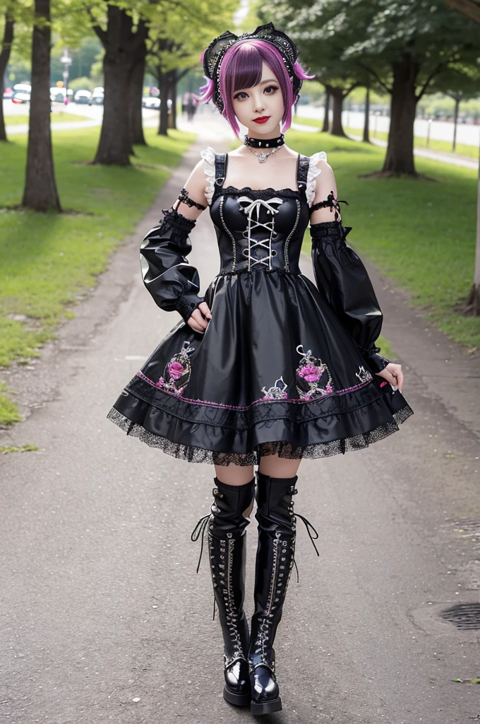 sexy stylish female model, only 1 female, ((doll-like appearance)), short dramatic stylish hair, ((shiny Punk-Style boots)), (big smile), ultra detailed eyes, Punk makeup, lipgloss, ((sexy Punk Lolita cosplay)), unconventional skirt, petticoats, high neckline, ((ultra detailed lace)), ((ultra detailed embroidery)), intricate details, tartan patterns, safety pins, Punk Lolita accessoires, Punk Lolita choker, ((large sparkling Punk Lolita jewelry)), cinematic light, detailed large park background with trees