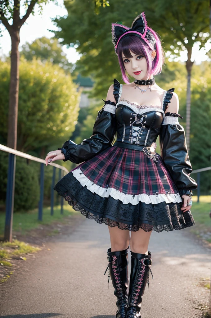 sexy stylish female model, only 1 female, ((doll-like appearance)), short dramatic stylish hair, ((shiny Punk-Style boots)), (big smile), ultra detailed eyes, Punk makeup, lipgloss, ((sexy Punk Lolita cosplay)), unconventional skirt, petticoats, high neckline, ((ultra detailed lace)), ((ultra detailed embroidery)), intricate details, tartan patterns, safety pins, Punk Lolita accessoires, Punk Lolita choker, ((large sparkling Punk Lolita jewelry)), cinematic light, detailed large park background with trees