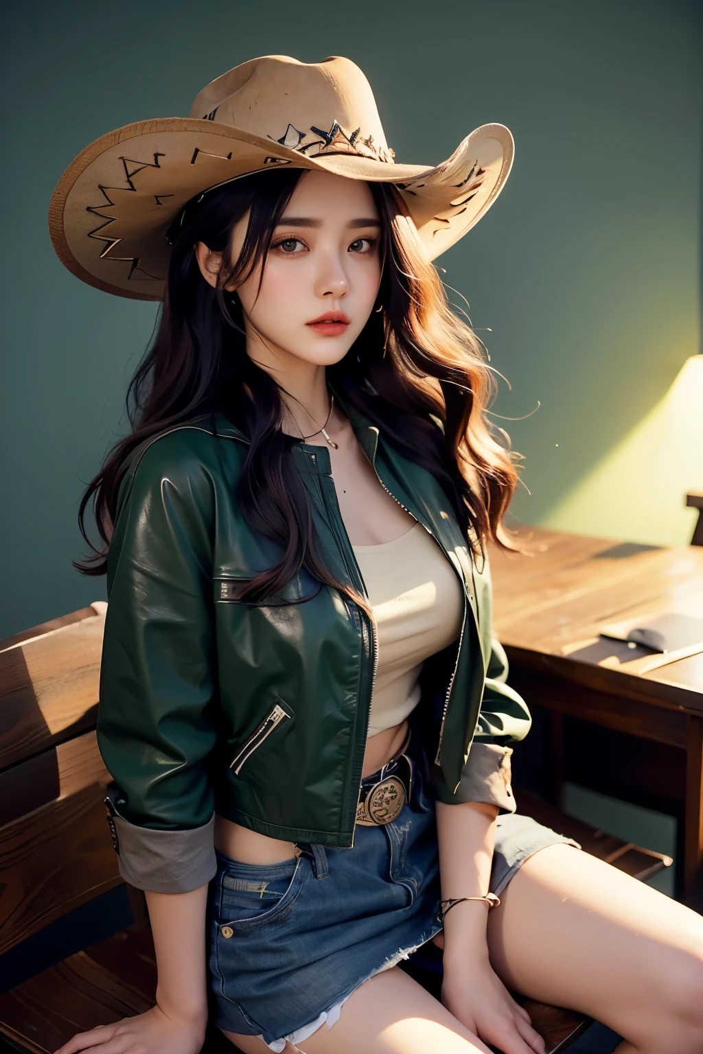 4K HLTRA HD, Masterpiece, best quality, female, nice face, detailed eyes, detailed lips, long hair, straight hair, wearing a cowboy costume, green leather jacket, green clothes, cowboy hat, blurred background, morning, seat, full body capture,