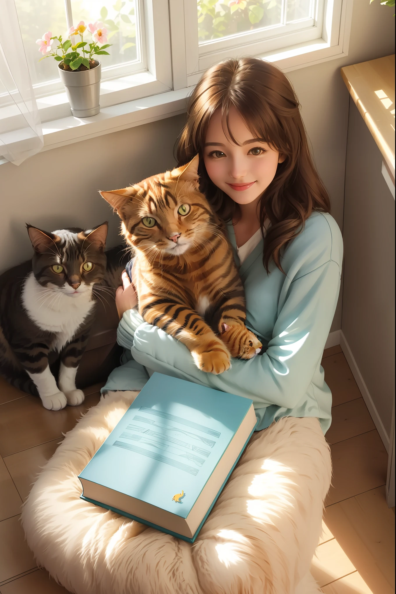 1girl,cat,girl with cat,sunlit room,cozy atmosphere,warm and inviting,home environment,bright afternoon sunlight,window seat,books,smiling girl,peaceful,serene setting,soft colors,girl with cat enjoying sunlit room,beautiful interior,relaxed vibe