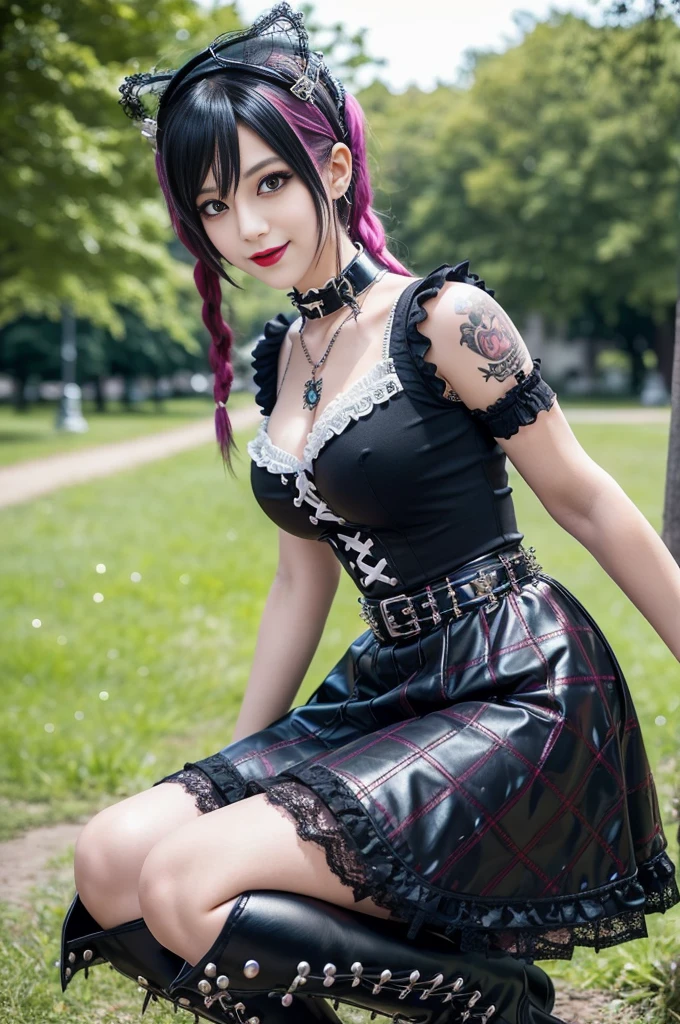 sexy stylish female model, only 1 female, ((doll-like appearance)), long dramatic stylish hair, ((shiny Punk-Style boots)), (big smile), ultra detailed eyes, Punk makeup, lipgloss, ((sexy Punk ta cosplay)), unconventional skirt, petticoats, high neckline, ((ultra detailed lace)), ((ultra detailed embroidery)), intricate details, tartan patterns, safety pins, Punk Loliccessoires, Punk Lolita cr, ((large sparkling Punk Lolita jewel, cinematic light, detailed large park background with trees