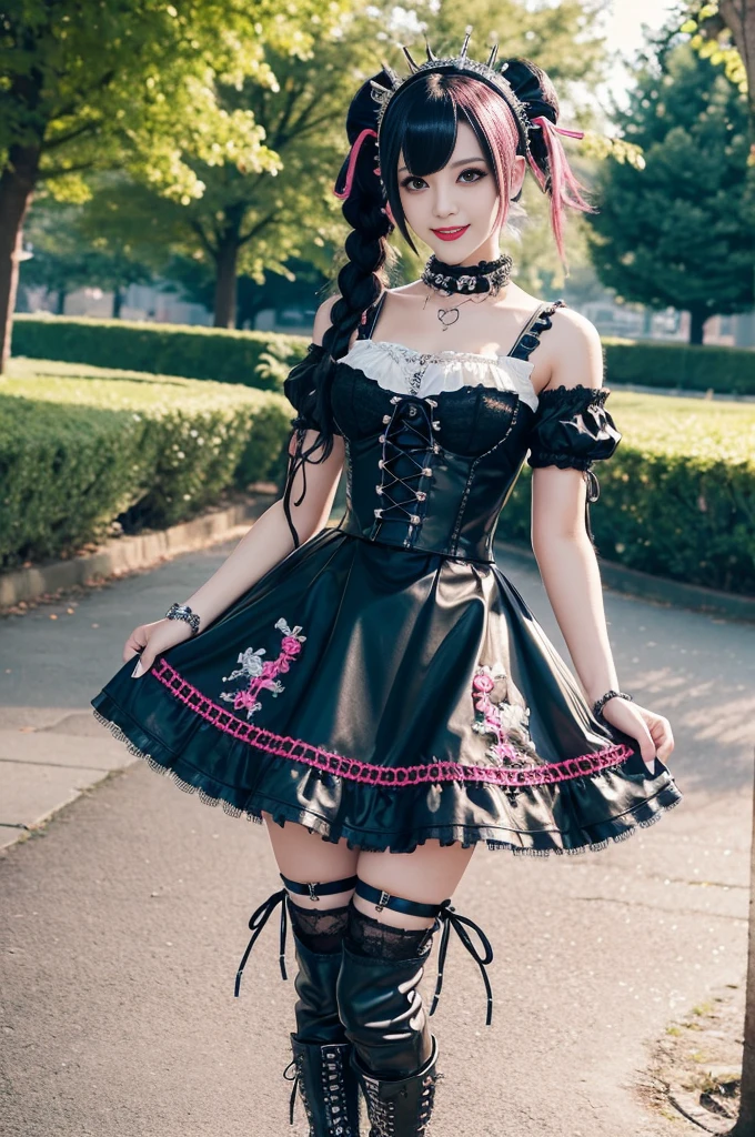 sexy stylish female model, only 1 female, ((doll-like appearance)), long dramatic stylish hair, ((shiny Punk-Style boots)), (big smile), ultra detailed eyes, Punk makeup, lipgloss, ((sexy Punk Lolita cosplay)), unconventional skirt, petticoats, high neckline, ((ultra detailed lace)), ((ultra detailed embroidery)), intricate details, tartan patterns, safety pins, Punk Lolita accessoires, Punk Lolita choker, ((large sparkling Punk Lolita jewelry)), cinematic light, detailed large park background with trees