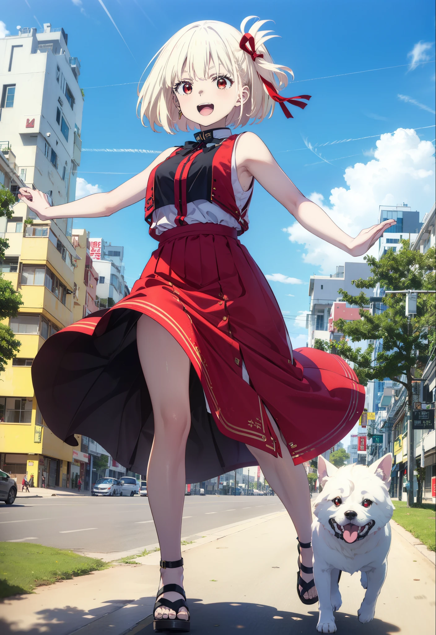 chisatonishikigi, Chisato Nishikigi, short hair, bangs, blonde, (Red eyes:1.5), Hair Ribbon, One side up, Bobcut,happy smile, smile, Open your mouth,drooping dog ears,Dog&#39;s tail,
Open your mouth, Red sleeveless dress,Bare arms,Red long skirt,Cute Sandals,whole bodyがイラストに入るように,Daytime,sunny, walk,break looking at viewer,whole body, break outdoors, In town,Coastal Road, break (masterpiece:1.2), highest quality, High resolution, unity 8k wallpaper, (figure:0.8), (beautiful deしっぽed eyes:1.6), extremely deしっぽed face, Perfect lighting, extremely deしっぽed CG, (Perfect hands, Perfect Anatomy),