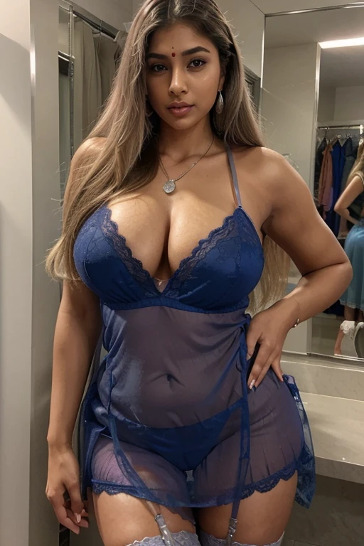 A pretty indian woman wearing blue lace nightie and stockings in a fitting room. Argent necklace. Earrings. Long flat blond hair with silver highlights. Woman of average height. 25 years old. Muscular thighs. Delicate manicure on finger tips. Nice legs. Plump buttocks. Busty. Perfect chest. Perfect body. Whole body. Very realistic.
