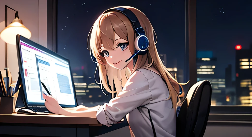 masterpiece, anime, cute, cute, romantic, highest quality, Casual clothing, smile, Light brown woman,Night in a room with mood lighting、Put on your headset、Sit in a chair in front of the desk.、Girl studying on a computer