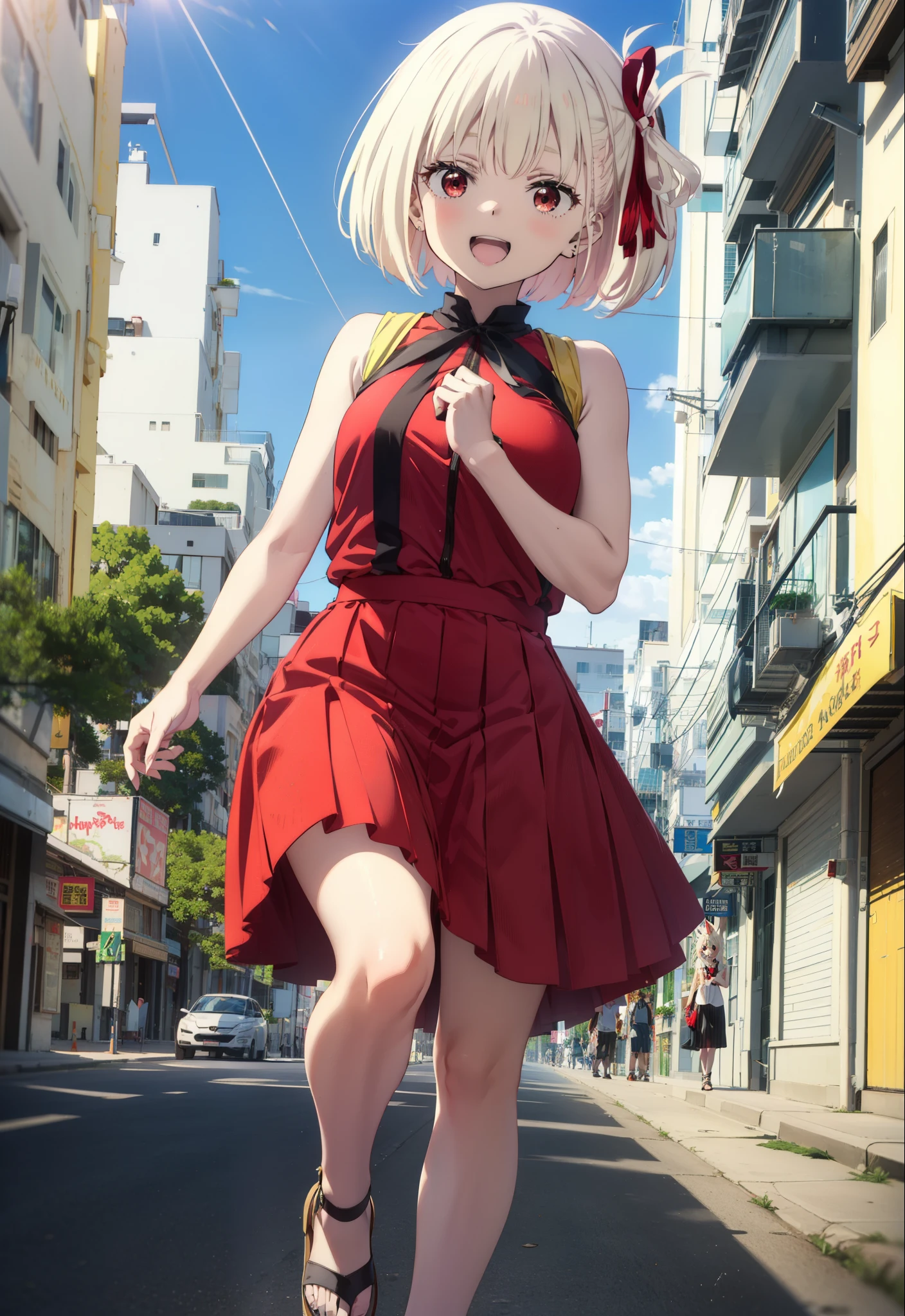 chisatonishikigi, Chisato Nishikigi, short hair, bangs, blonde, (Red eyes:1.5), Hair Ribbon, One side up, Bobcut,happy smile, smile, Open your mouth,drooping dog ears,Dog&#39;s tail,
Open your mouth, Red sleeveless dress,Bare arms,Red long skirt,Cute Sandals,whole bodyがイラストに入るように,Daytime,sunny, walk,break looking at viewer,whole body, break outdoors, In town,Coastal Road, break (masterpiece:1.2), highest quality, High resolution, unity 8k wallpaper, (figure:0.8), (beautiful deしっぽed eyes:1.6), extremely deしっぽed face, Perfect lighting, extremely deしっぽed CG, (Perfect hands, Perfect Anatomy),