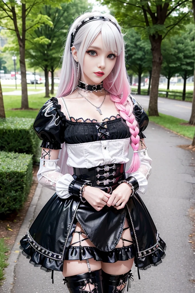 sexy stylish Swedish model, only 1 female, ((doll-like appearance)), long neon pink stylish hair, ((shiny Punk-Style boots)), (big smile), ultra detailed eyes, Punk makeup, lipgloss, ((sexy Punk Lolita cosplay)), unconventional skirt, petticoats, high neckline, ((ultra detailed lace)), ((ultra detailed embroidery)), intricate details, tartan patterns, (silver chains), (silver spikes), (safety pins), Punk Lolita accessoires, Punk Lolita choker, ((large sparkling Punk Lolita jewelry)), cinematic light, detailed large park background with trees
