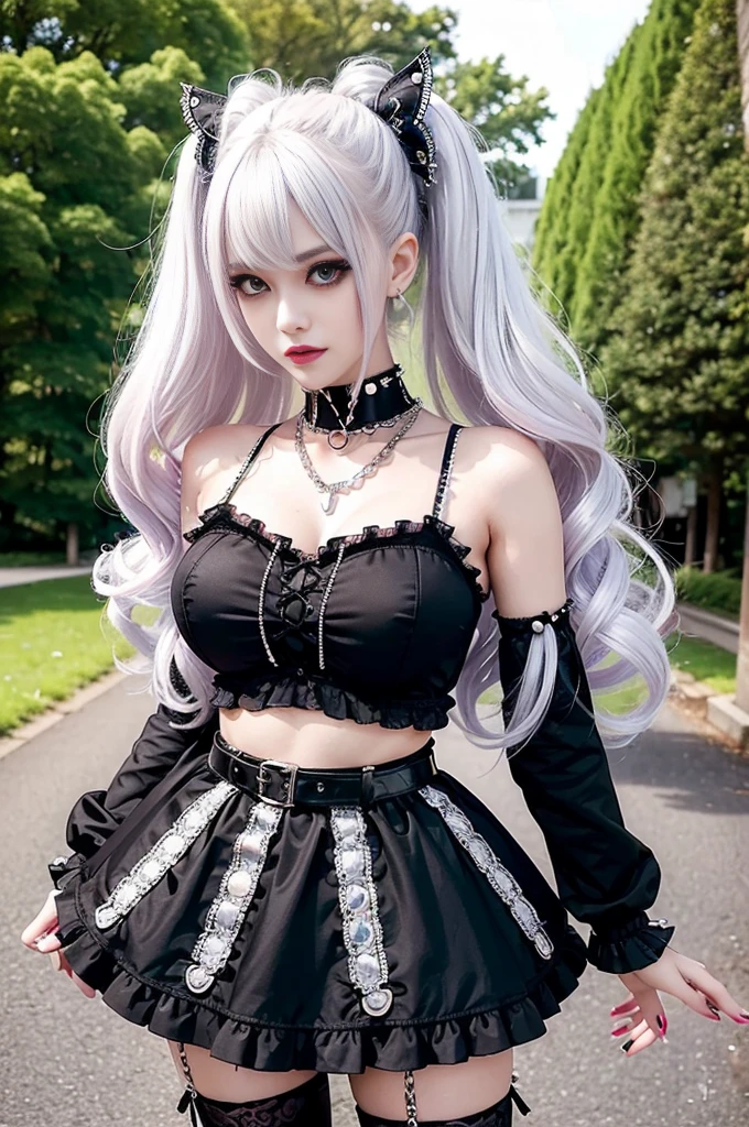 sexy stylish Swedish model, only 1 female, ((doll-like appearance)), long neon pink stylish hair, ((shiny Punk-Style boots)), (big smile), ultra detailed eyes, Punk makeup, lipgloss, ((sexy Punk Lolita cosplay)), unconventional skirt, petticoats, high neckline, ((ultra detailed lace)), ((ultra detailed embroidery)), intricate details, tartan patterns, (silver chains), (silver spikes), (safety pins), Punk Lolita accessoires, Punk Lolita choker, ((large sparkling Punk Lolita jewelry)), cinematic light, detailed large park background with trees