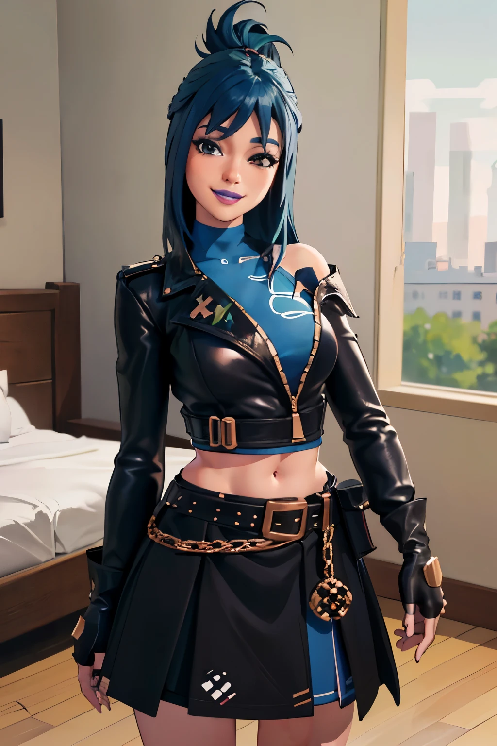 (masterpiece,best quality,absurdres,beautiful,sharp,detailed),bedroom background,1girl,hopefn,blue lips, navel, blue hair, jacket, skirt, belt, fingerless gloves, looking at viewer, smile