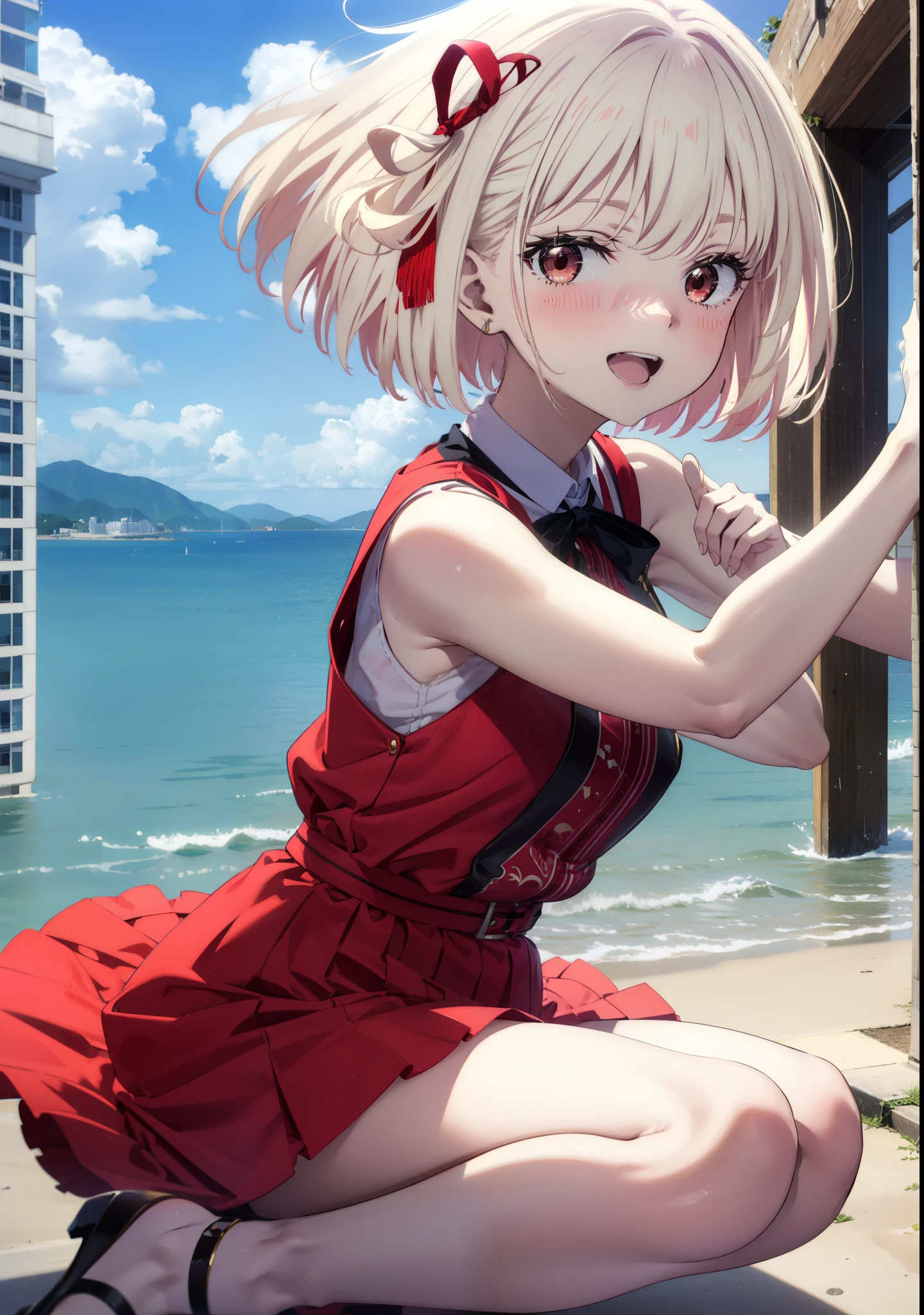 chisatonishikigi, Chisato Nishikigi, short hair, bangs, blonde, (Red eyes:1.5), Hair Ribbon, One side up, Bobcut,happy smile, smile, Open your mouth,
Open your mouth, Red sleeveless dress,Bare arms,Red long skirt,Cute Sandals,whole bodyがイラストに入るように,Daytime,sunny, walk,break looking at viewer,whole body, break outdoors, In town,Coastal Road, break (masterpiece:1.2), highest quality, High resolution, unity 8k wallpaper, (shape:0.8), (Beautiful details:1.6), Highly detailed face, Perfect lighting, Extremely detailed CG, (Perfect hands, Perfect Anatomy),