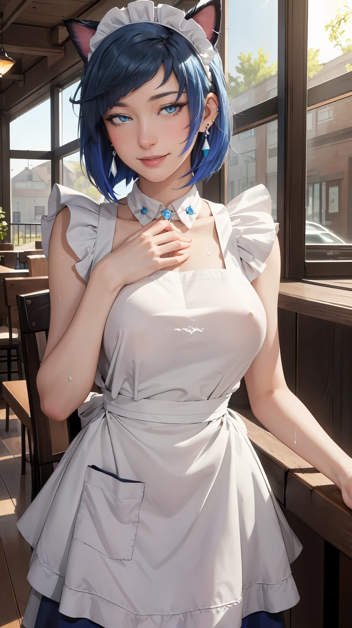 ((((masterpiece, best quality, high resolution)))), Extremely detailed 8K, Beautiful girl with voluptuous body, (Ultra HD, Ultra-detailed, Highly detailed, Highly realistic, Ultra-realistic, photograph realistic), (1girl:1.5), (Realistic blue hair), (short wavy hair, hair ornaments, earrings), (dynamic poses), facing at camera, looking at viewer, (blushing red, embarrassed, smile), (blue eyes, sharp eyes), (big perky breasts:1.2), (beautiful detailed face, beautiful detailed eyes), ((maid outfit, maid apron, cat ears headband)), (detail pussy), (standing up), sweat, glow, (sunbeam, sunlight), ((cowboy shot)), coffee shop, seductive