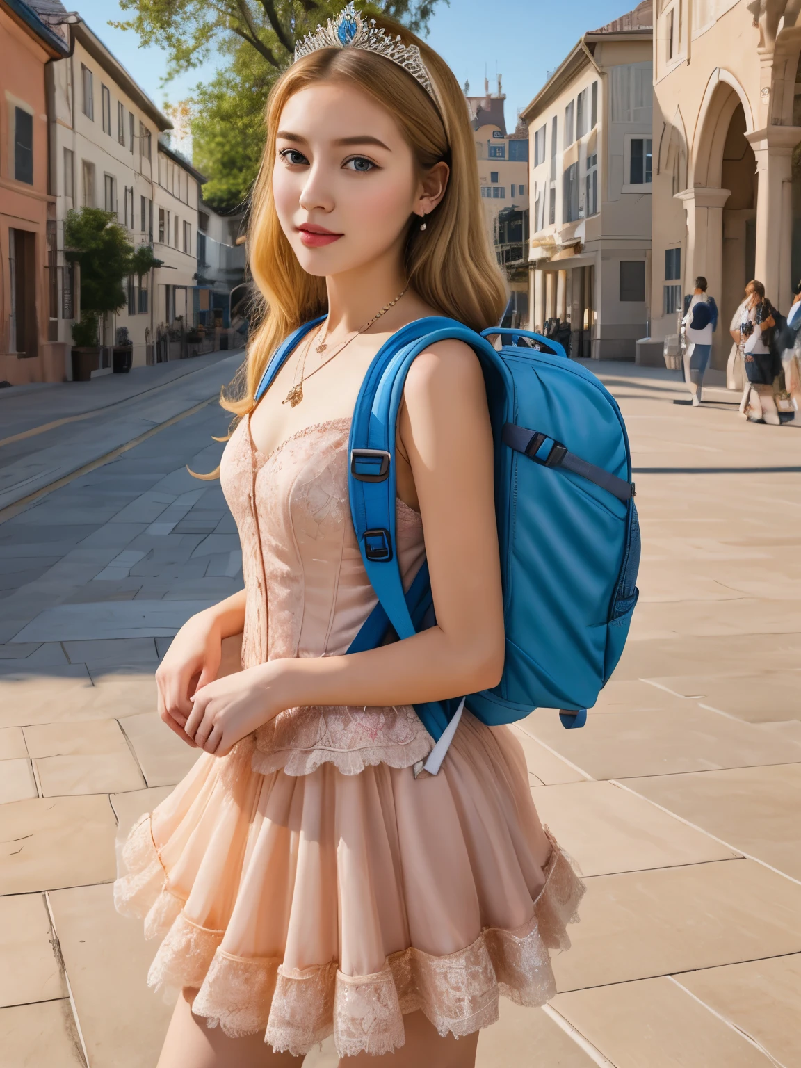 Masterpiece, hd, realistic, 1girl, blonde hair, medium hair,20 y.o, 160 cm height, standing, wear princess costumes, wear tiara, diamond necklaces, outdoor, carries blue backpack, travel backpack ( backpack:1.1)