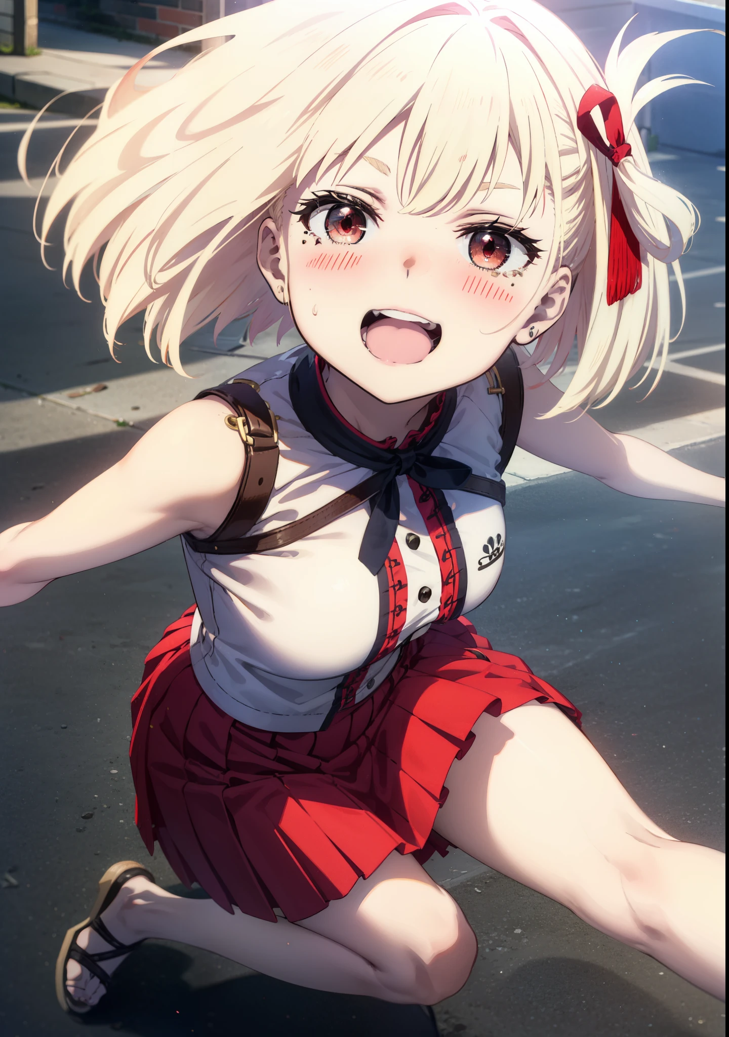 chisatonishikigi, Chisato Nishikigi, short hair, bangs, blonde, (Red eyes:1.5), Hair Ribbon, One side up, Bobcut,happy smile, smile, Open your mouth,
Open your mouth, Red sleeveless dress,Bare arms,Red long skirt,Cute Sandals,whole bodyがイラストに入るように,Daytime,sunny, walk,break looking at viewer,whole body, break outdoors, In town,Coastal Road, break (masterpiece:1.2), highest quality, High resolution, unity 8k wallpaper, (shape:0.8), (Beautiful details:1.6), Highly detailed face, Perfect lighting, Extremely detailed CG, (Perfect hands, Perfect Anatomy),