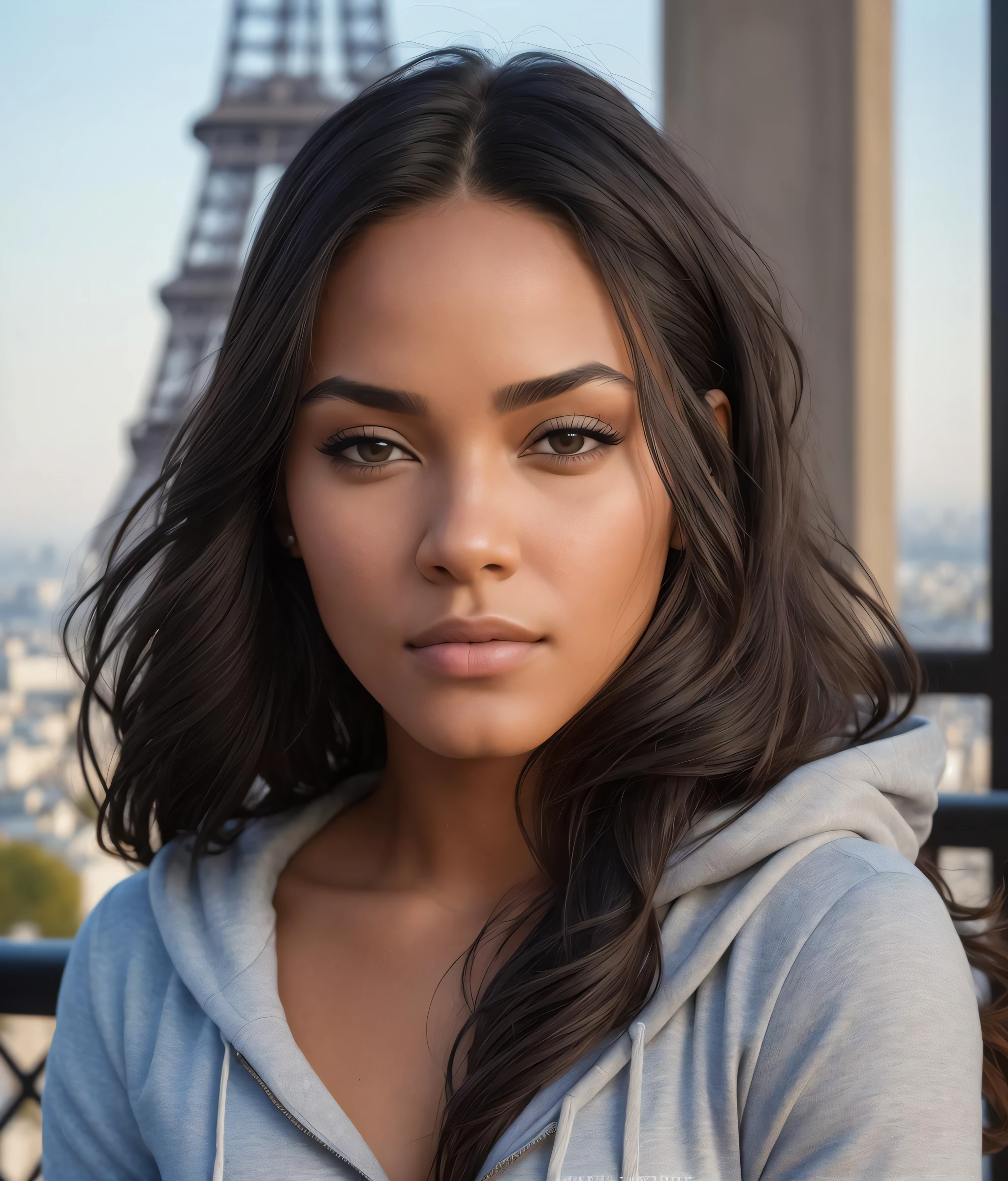 A woman with long hair and a hoodie posing for a picture - SeaArt AI