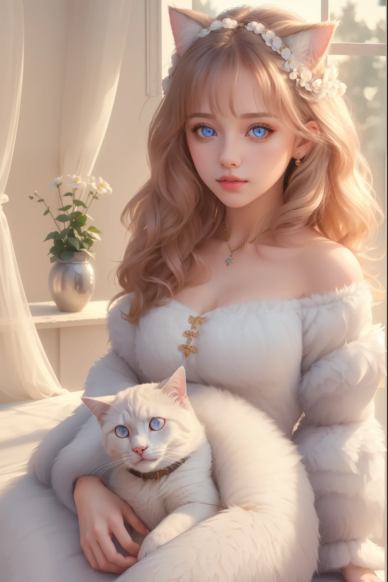 A girl with a pet cat,beautiful detailed eyes,beautiful detailed lips,soft fluffy fur,cozy atmosphere,cute interactions,sketchy style,(best quality,4k,8k,highres,masterpiece:1.2),ultra-detailed,realistic,HDR,studio lighting,professional,vivid colors,soft pastel colors,warm lighting