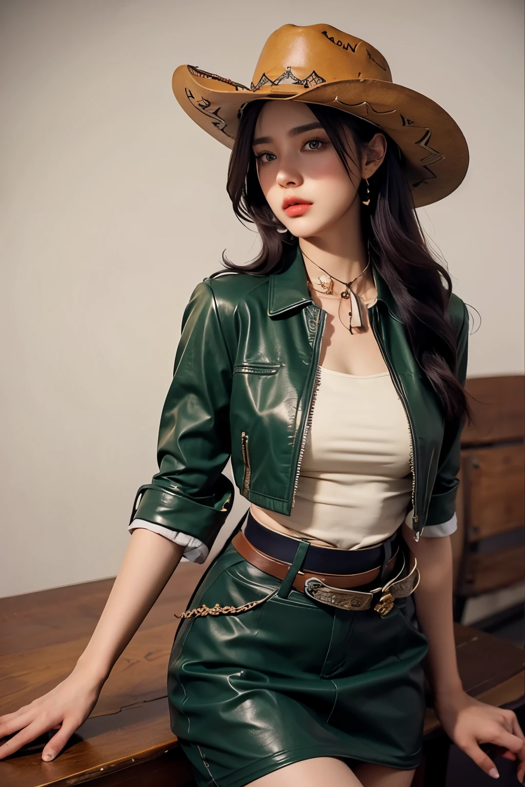 4K HLTRA HD, Masterpiece, best quality, female, nice face, detailed eyes, detailed lips, long hair, straight hair, wearing a cowboy costume, green leather jacket, green clothes, cowboy hat, blurred background, morning, seat, full body capture,