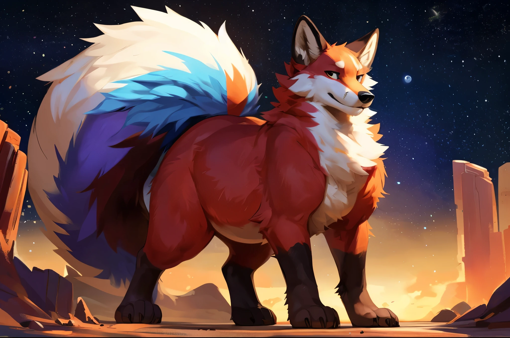 4k ultra quality, 4k full body view,(ultra high detailed body),((feral)) fox,by mystikfox61, by glitter trap boy,feral paws, by bebebebebe,by morethreedee, by seibear,(thick thigh),(chubby thigh),thicc thigh,thick legs,chubby legs,thicc legs,massive butt,enomorous thigh,massive thigh,massive legs,thick lower legs,wide legs,(detailed thigh),(wide thigh),fluffy belly sharp nails,((sfw)),(ultra detailed face),detailed eyes,big tail,fluffy tail,(detailed tail),enomorous tail,bigger tail,huge tail,volumetric light,big paws,(thick paws),fluffy paws,furry paws,enomorous paws,(feral focus), beast,(bigger lower body),(long legs),master works, super fine, 4k resolution, high quality,high picture detail,dark fantasy,illusory engine, Masterpiece,front view,dire fox,faint lighting,macro (feral) body,enomorous belly,chubby (feral) body,shiny fur,macro,giga,in space